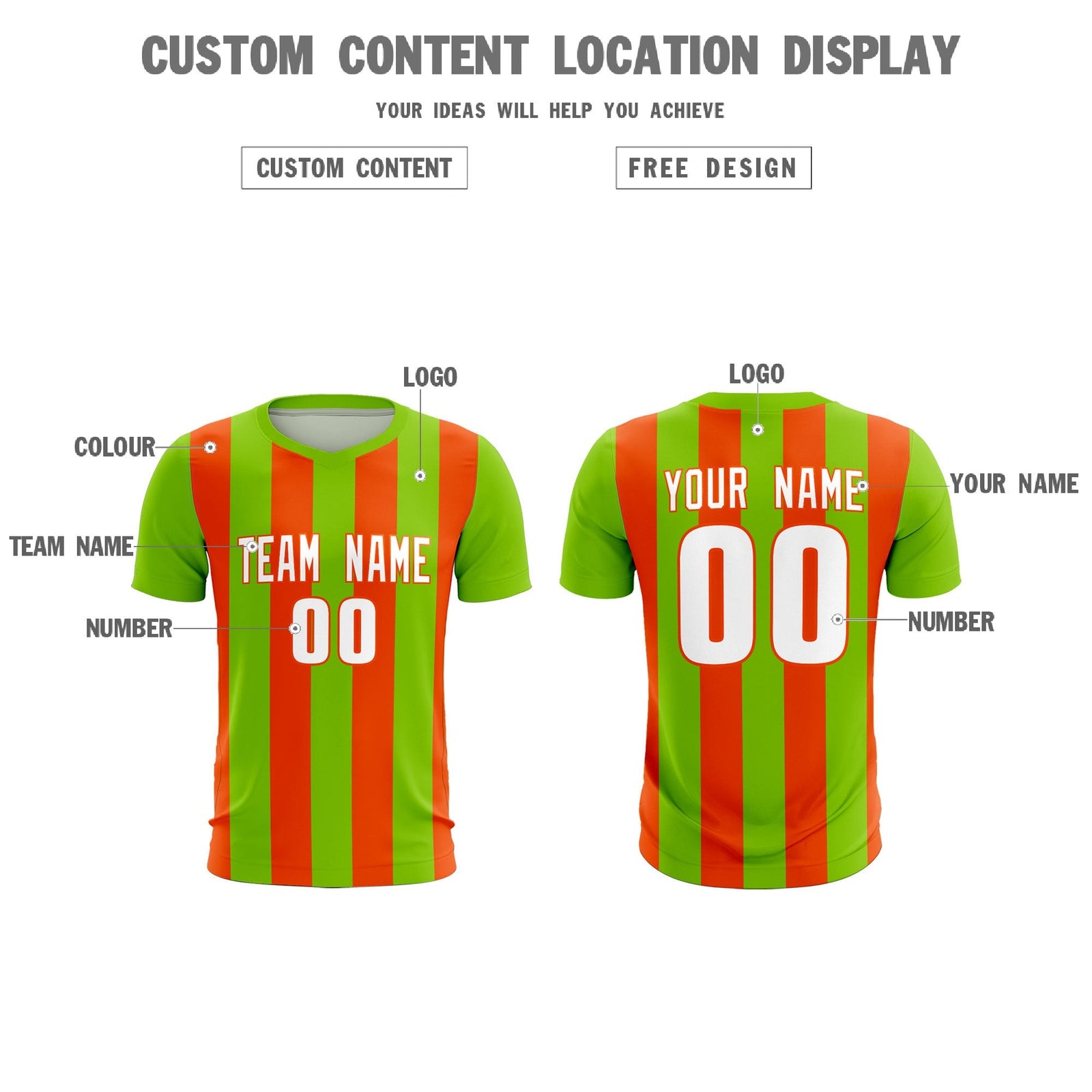 Custom Neon Green Orange Vertical Stripes Casual Outdoor Soccer Sets Jersey