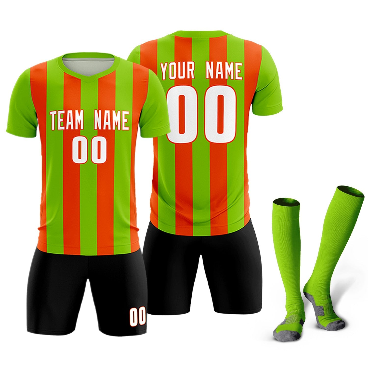 Custom Neon Green Orange Vertical Stripes Casual Outdoor Soccer Sets Jersey