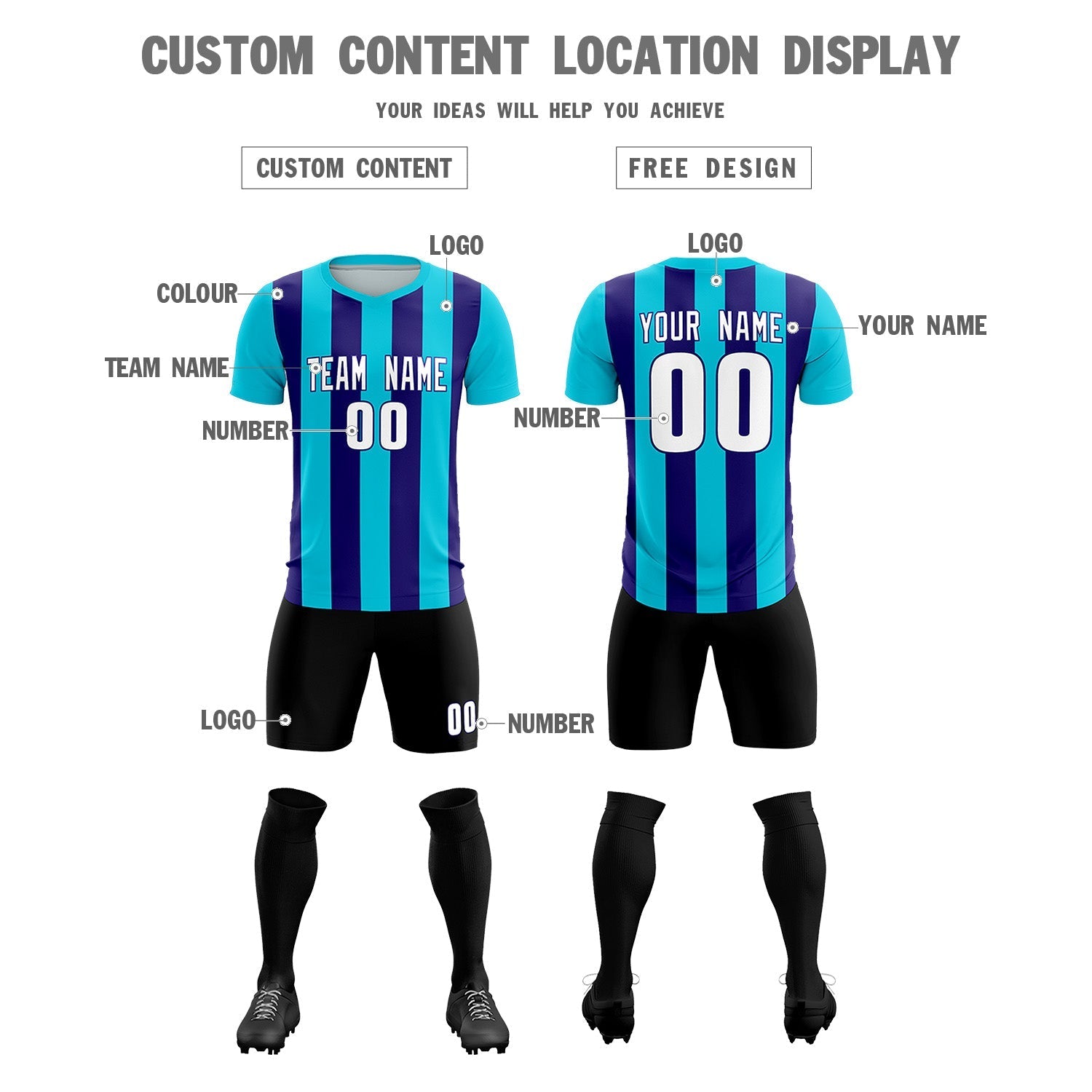 Custom Sky Blue Royal Vertical Stripes Casual Outdoor Soccer Sets Jersey