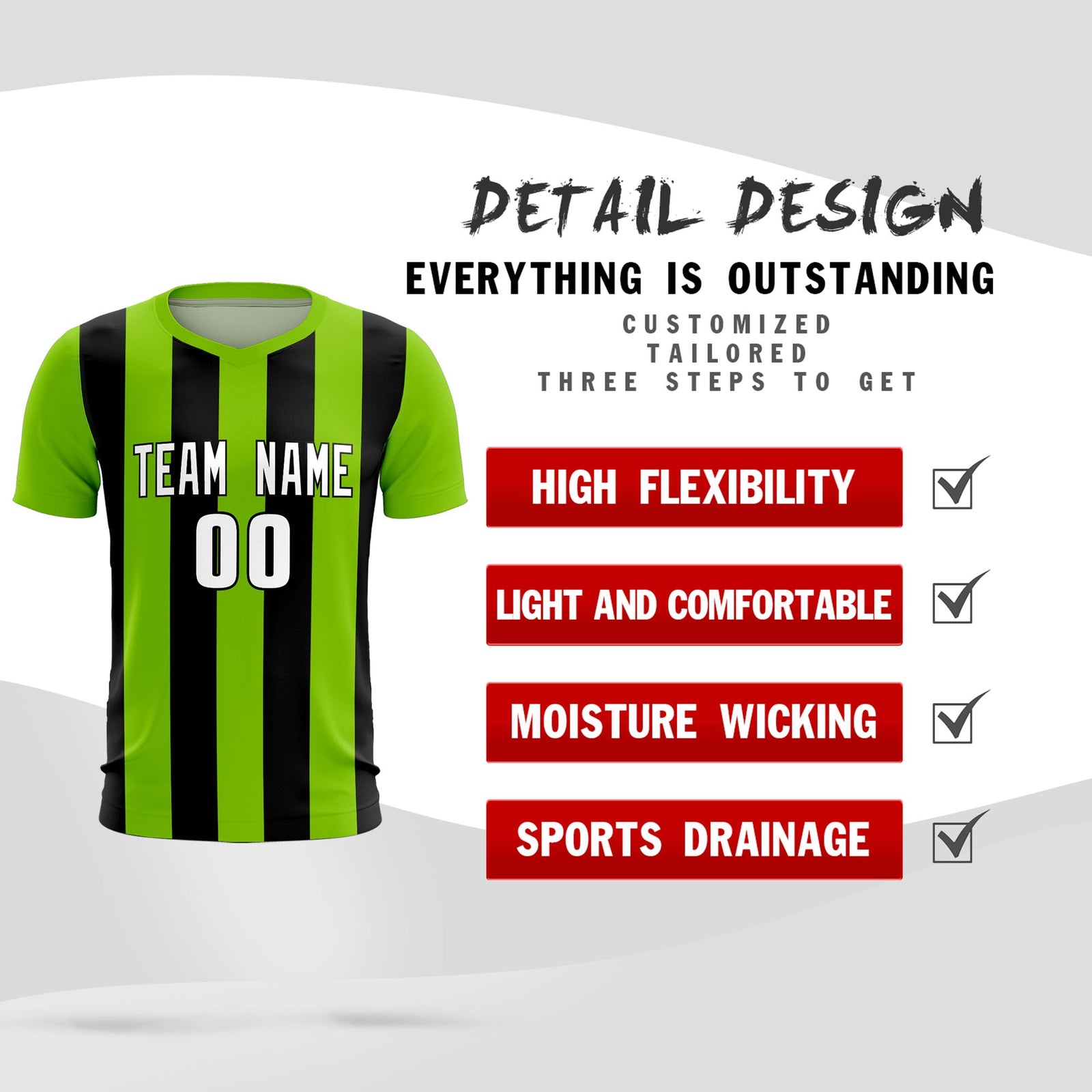 Custom Neon Green Black Vertical Stripes Casual Outdoor Soccer Sets Jersey