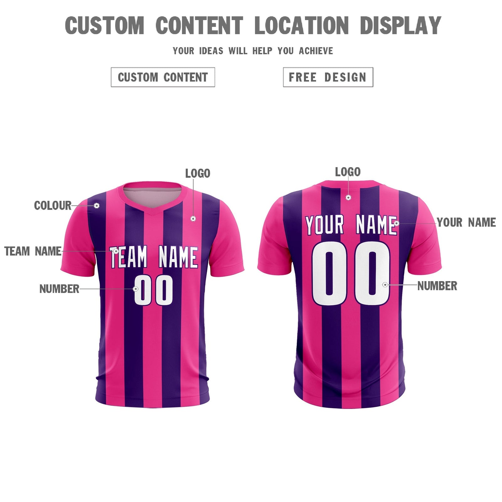 Custom Pink Purple Vertical Stripes Casual Outdoor Soccer Sets Jersey