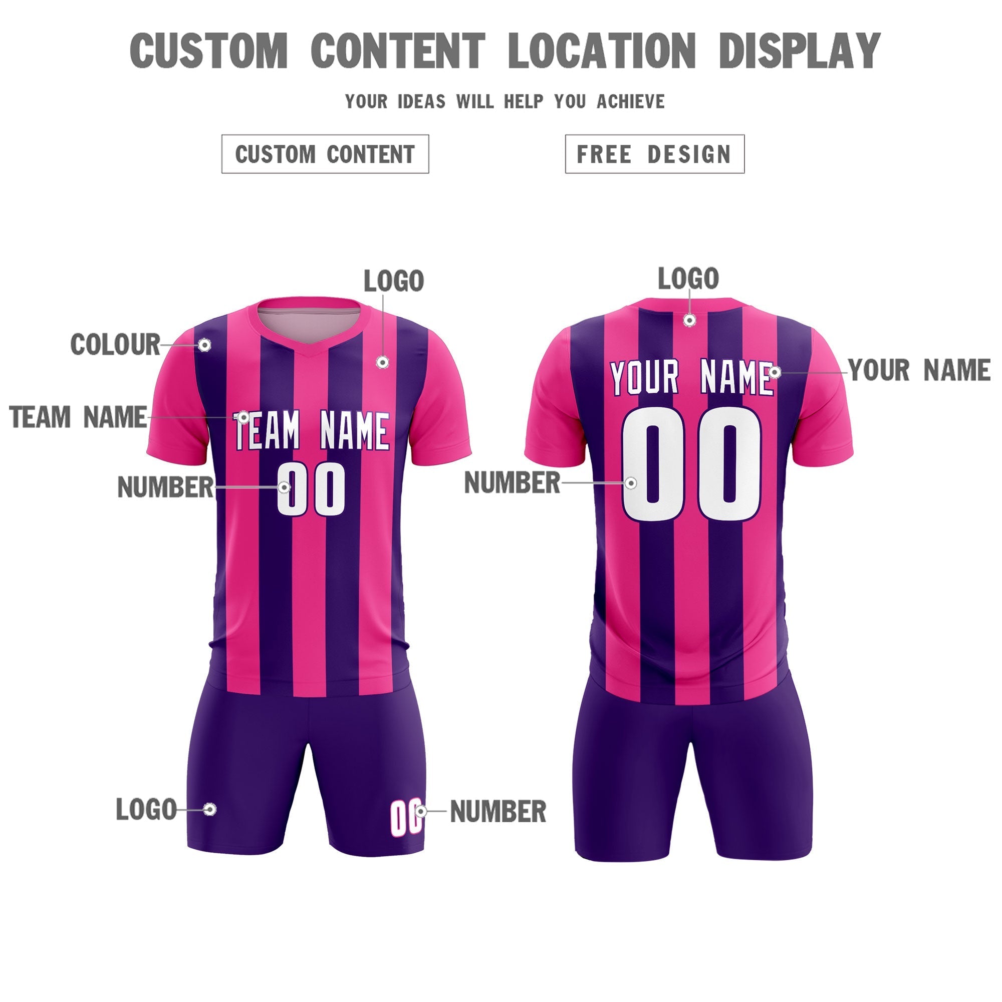 Custom Pink Purple Vertical Stripes Casual Outdoor Soccer Sets Jersey