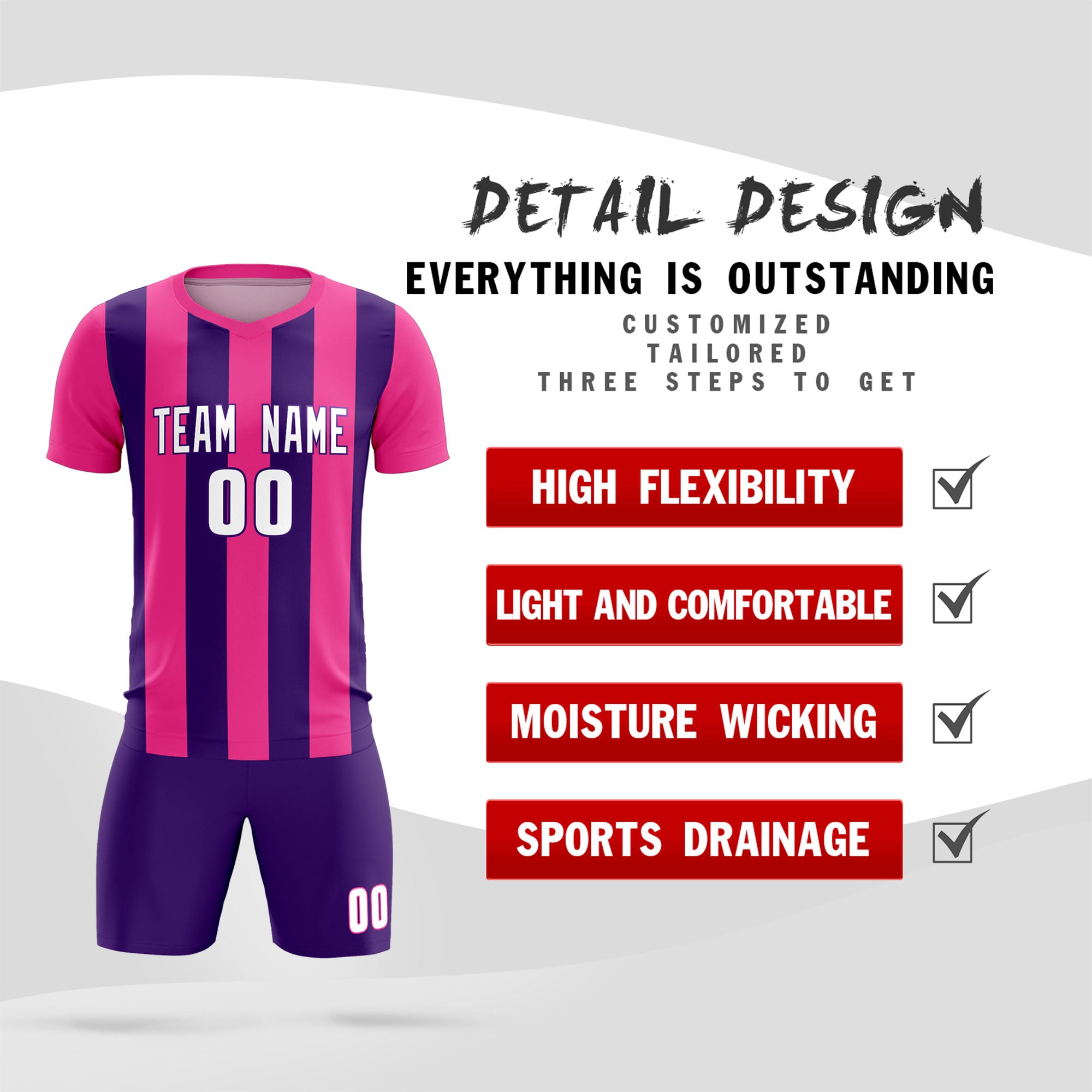 Custom Pink Purple Vertical Stripes Casual Outdoor Soccer Sets Jersey