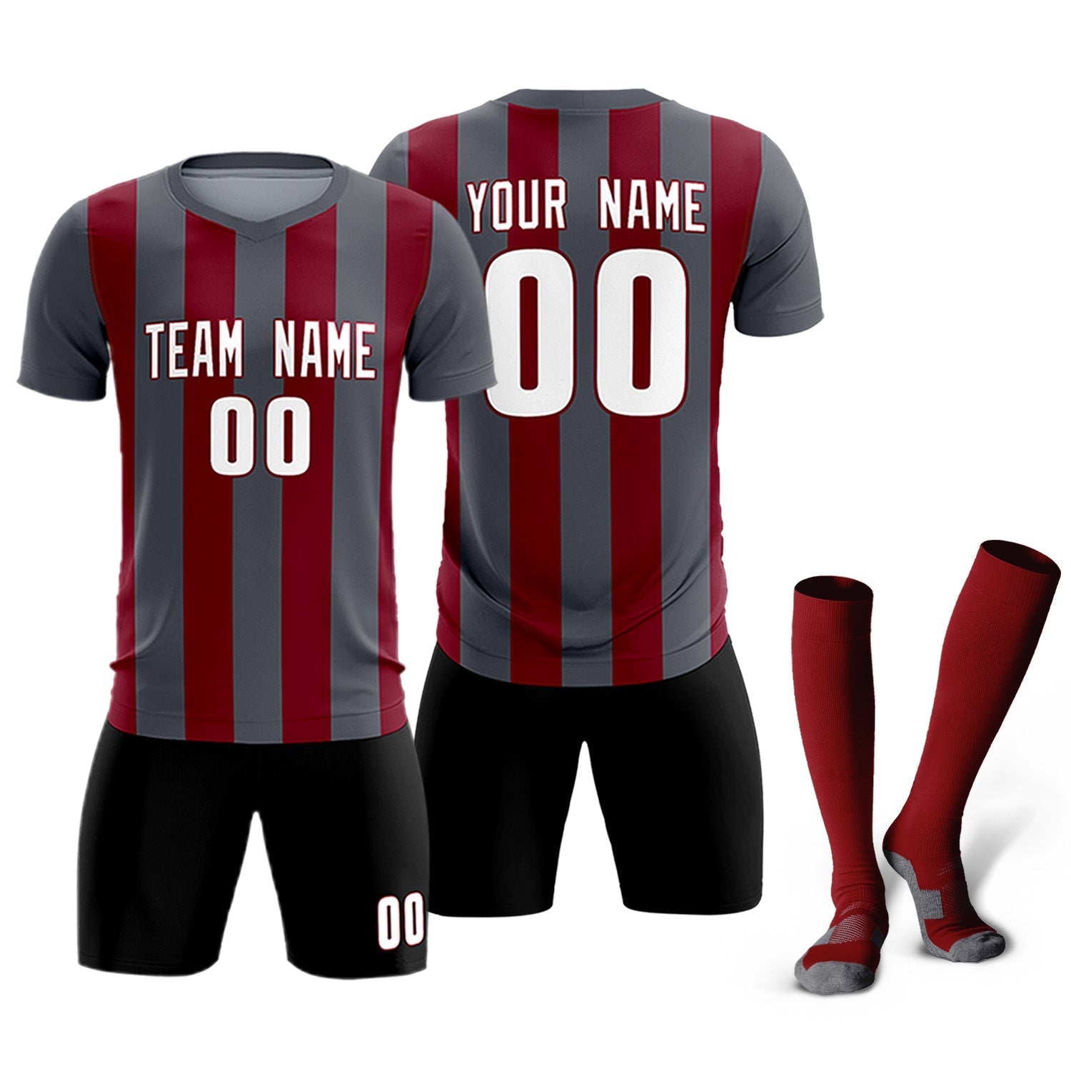 Custom Dark Gray Crimson Vertical Stripes Casual Outdoor Soccer Sets Jersey