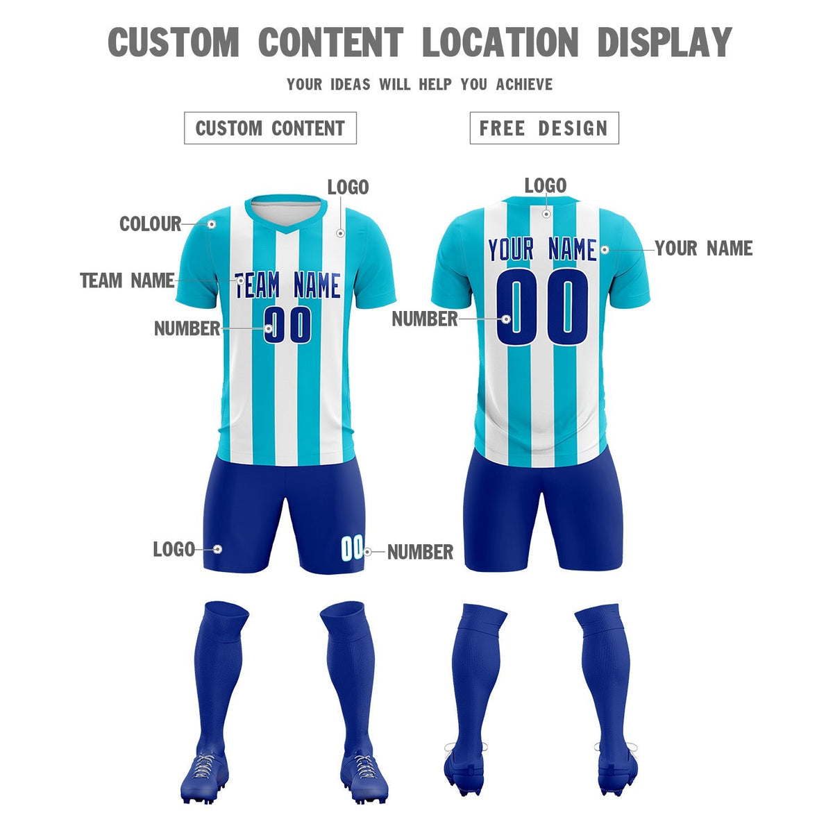 Custom White Sky Blue Vertical Stripes Casual Outdoor Soccer Sets Jersey