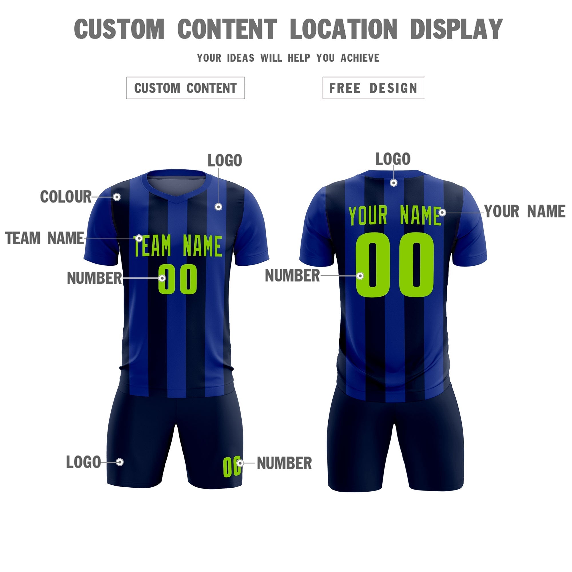 Custom Royal Navy Vertical Stripes Casual Outdoor Soccer Sets Jersey