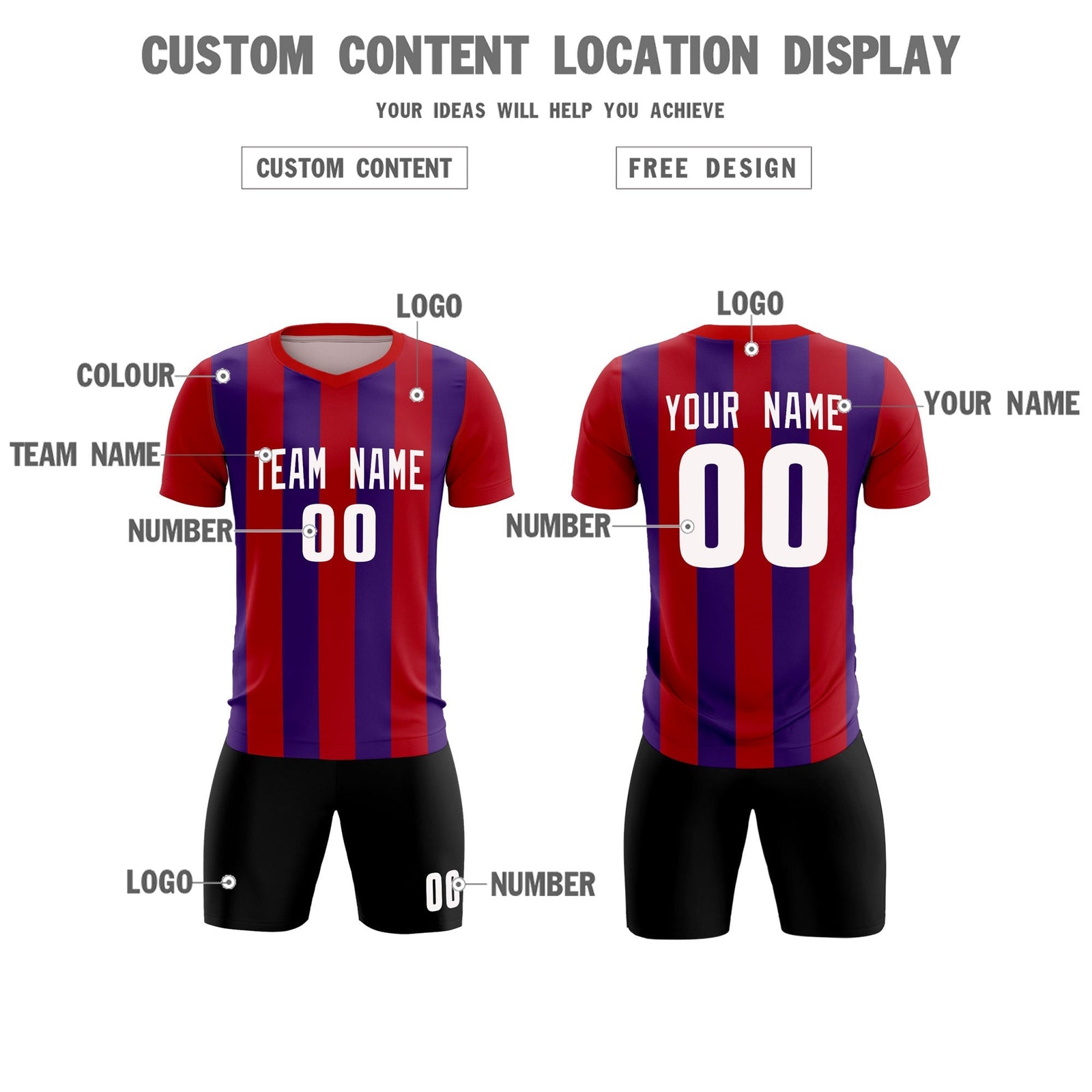 Custom Red Purple Vertical Stripes Casual Outdoor Soccer Sets Jersey