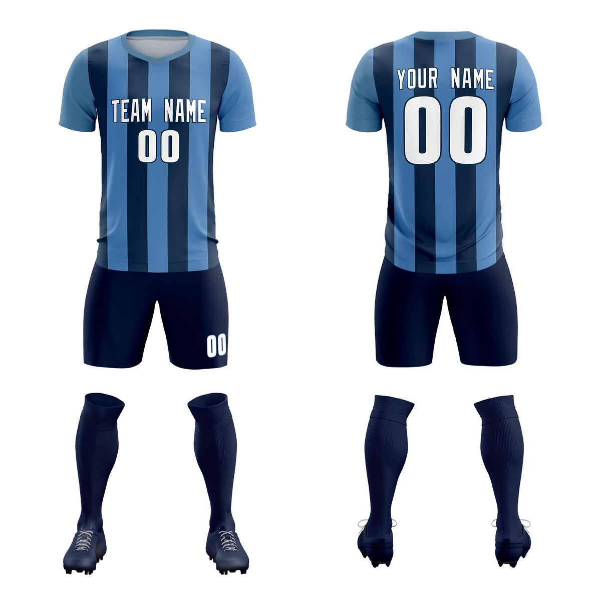 Custom Light Blue Midnight Blue Vertical Stripes Casual Outdoor Soccer Sets Jersey