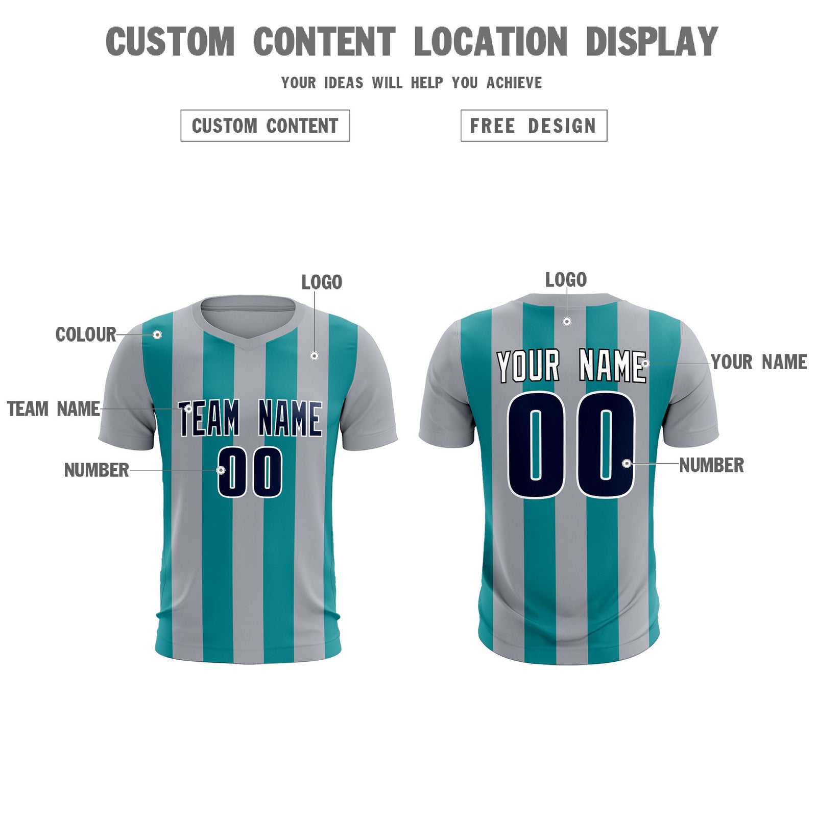 Custom Gray Aqua Vertical Stripes Casual Outdoor Soccer Sets Jersey