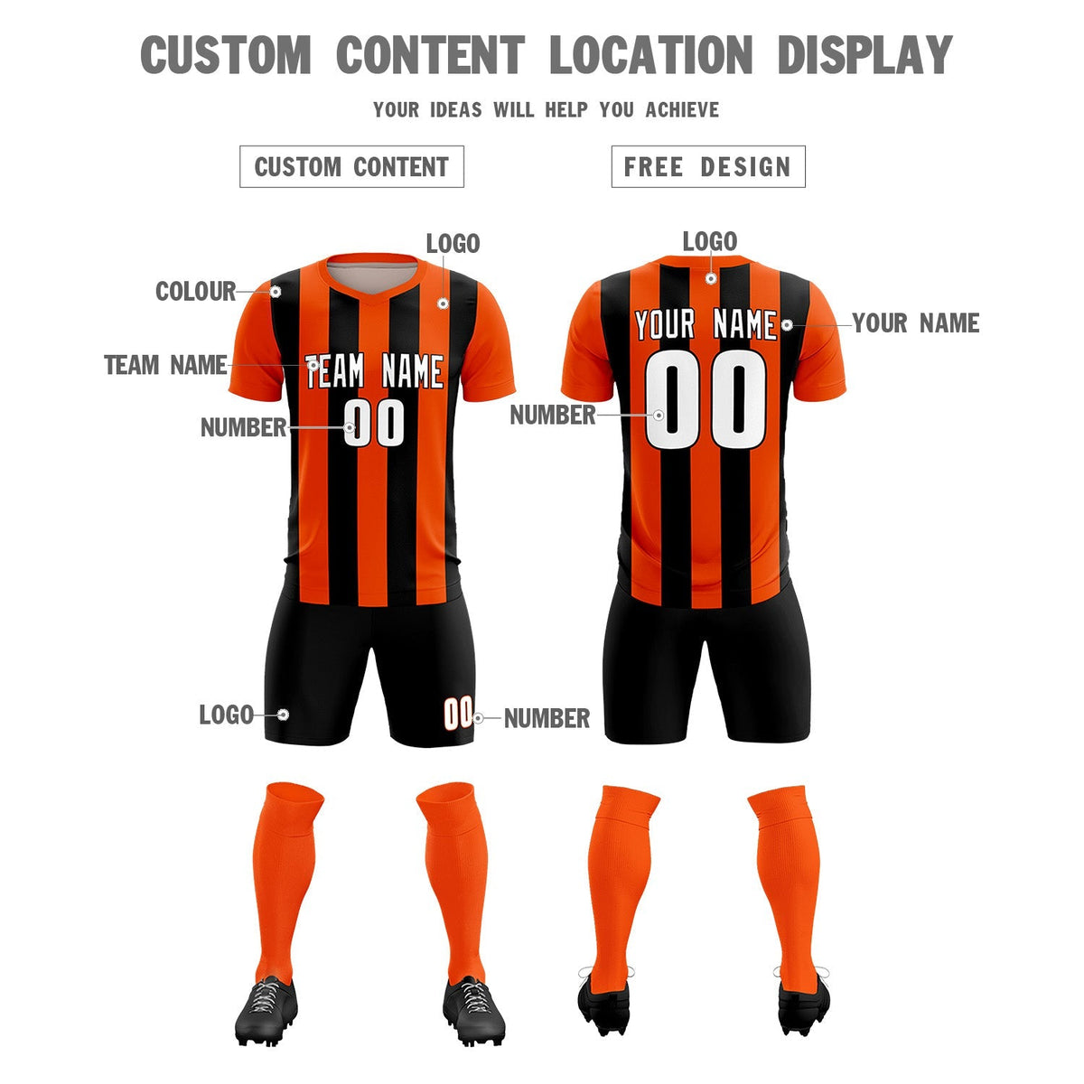 Custom Orange Black Vertical Stripes Casual Outdoor Soccer Sets Jersey
