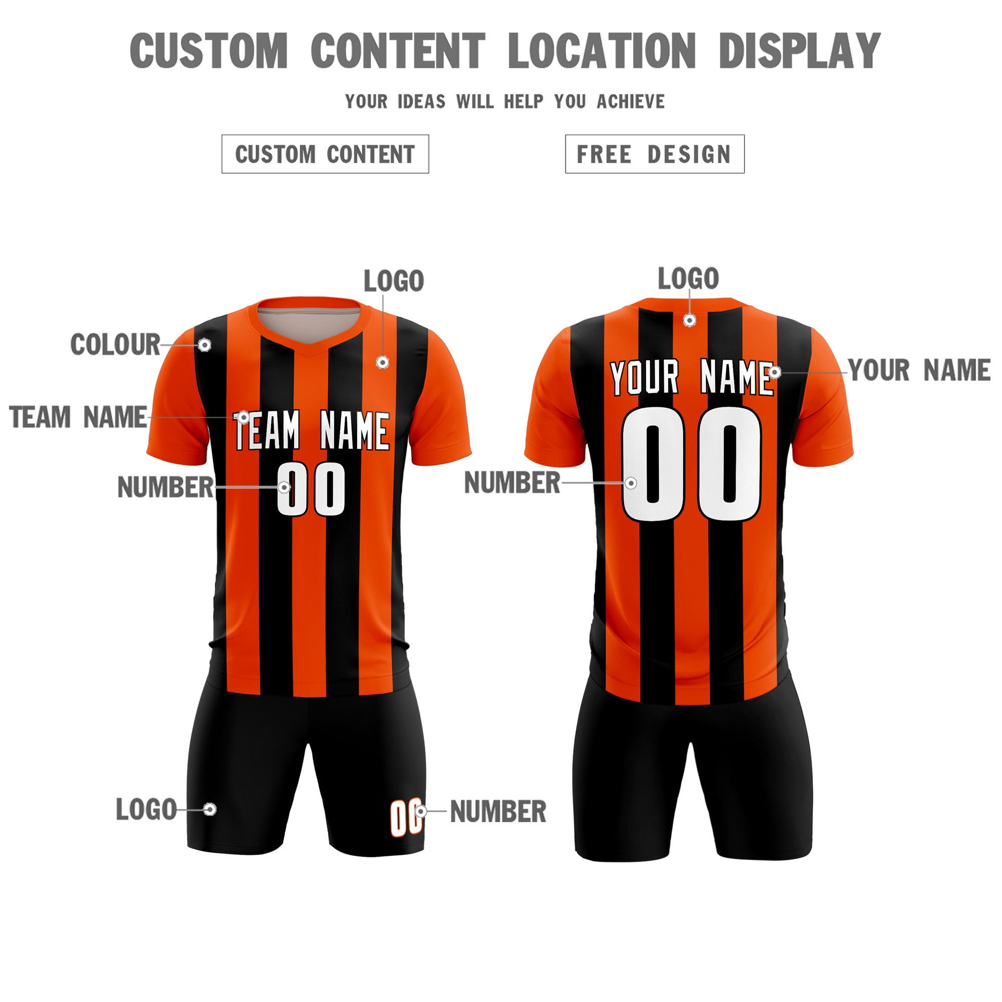 Custom Orange Black Vertical Stripes Casual Outdoor Soccer Sets Jersey