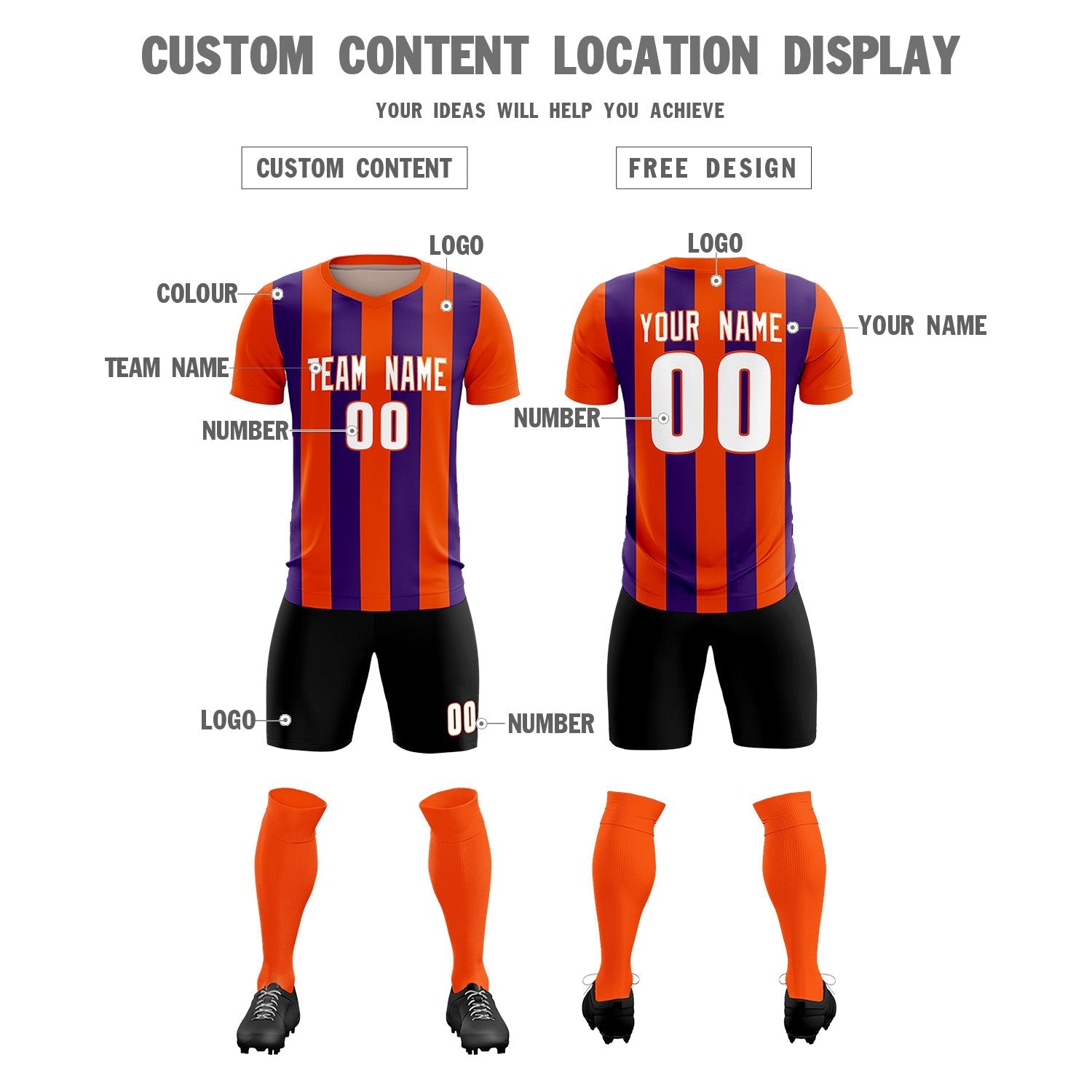 Custom Orange Purple Vertical Stripes Casual Outdoor Soccer Sets Jersey