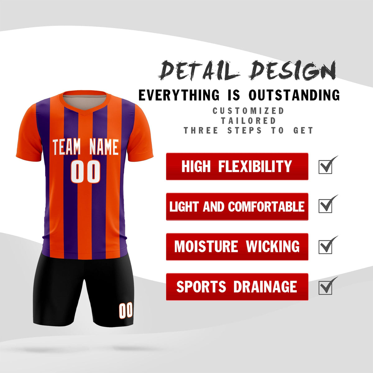 Custom Orange Purple Vertical Stripes Casual Outdoor Soccer Sets Jersey