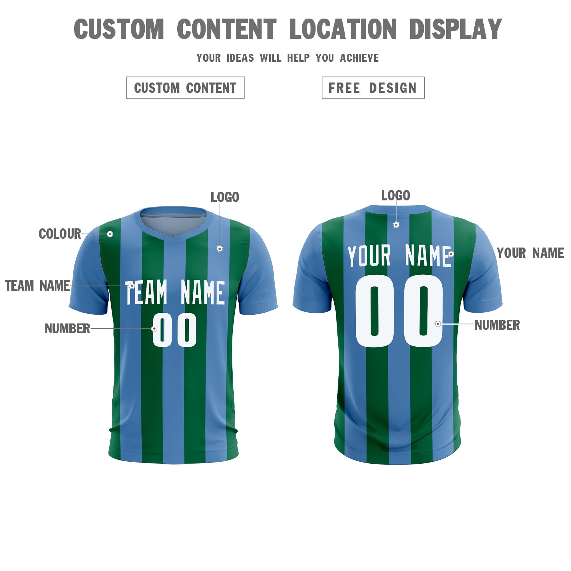 Custom Light Blue Kelly Green Vertical Stripes Casual Outdoor Soccer Sets Jersey