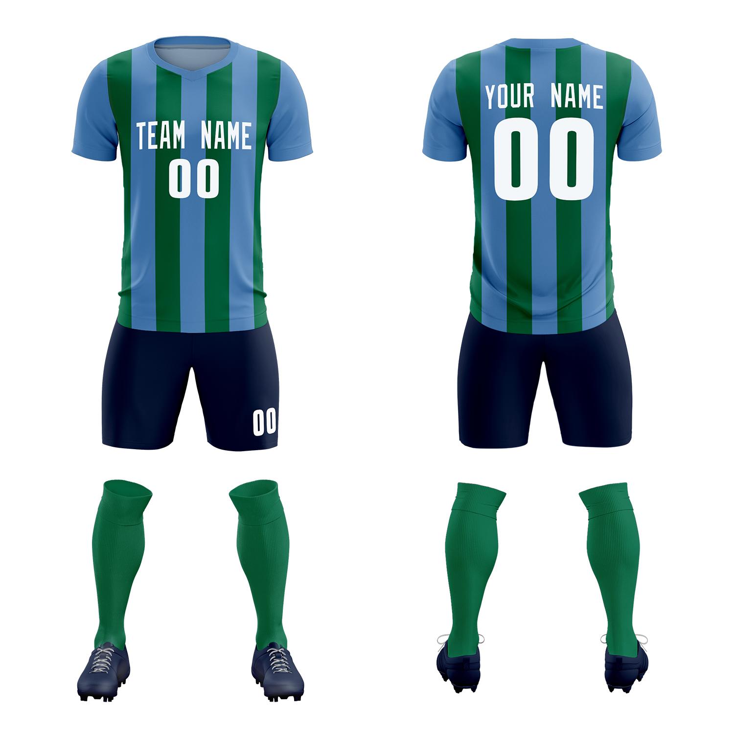 Custom Light Blue Kelly Green Vertical Stripes Casual Outdoor Soccer Sets Jersey