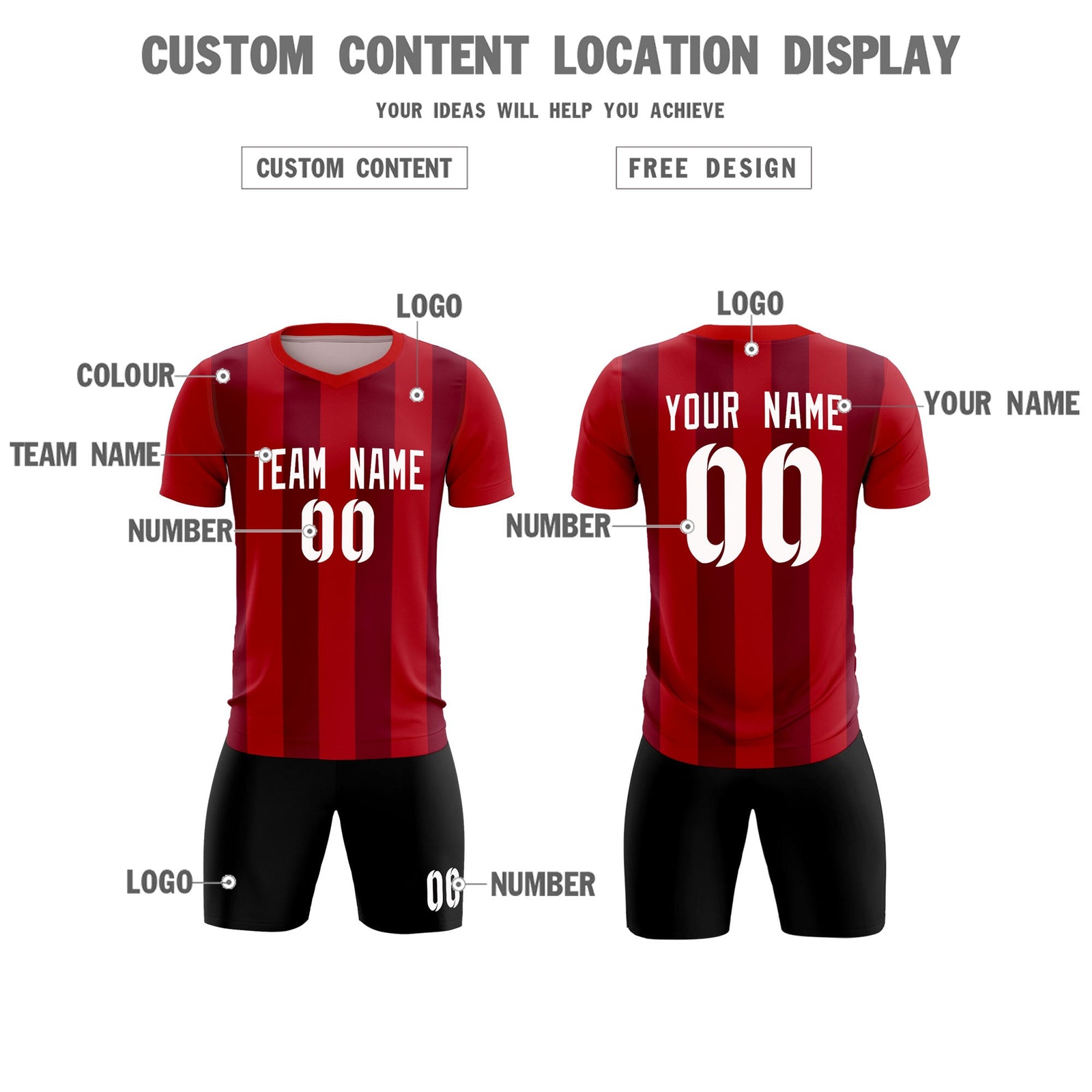 Custom Red Crimson Vertical Stripes Casual Outdoor Soccer Sets Jersey