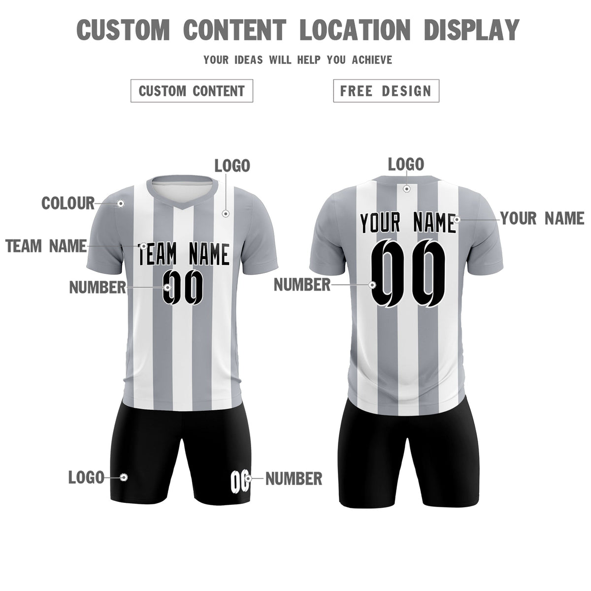 Custom White Gray Vertical Stripes Casual Outdoor Soccer Sets Jersey