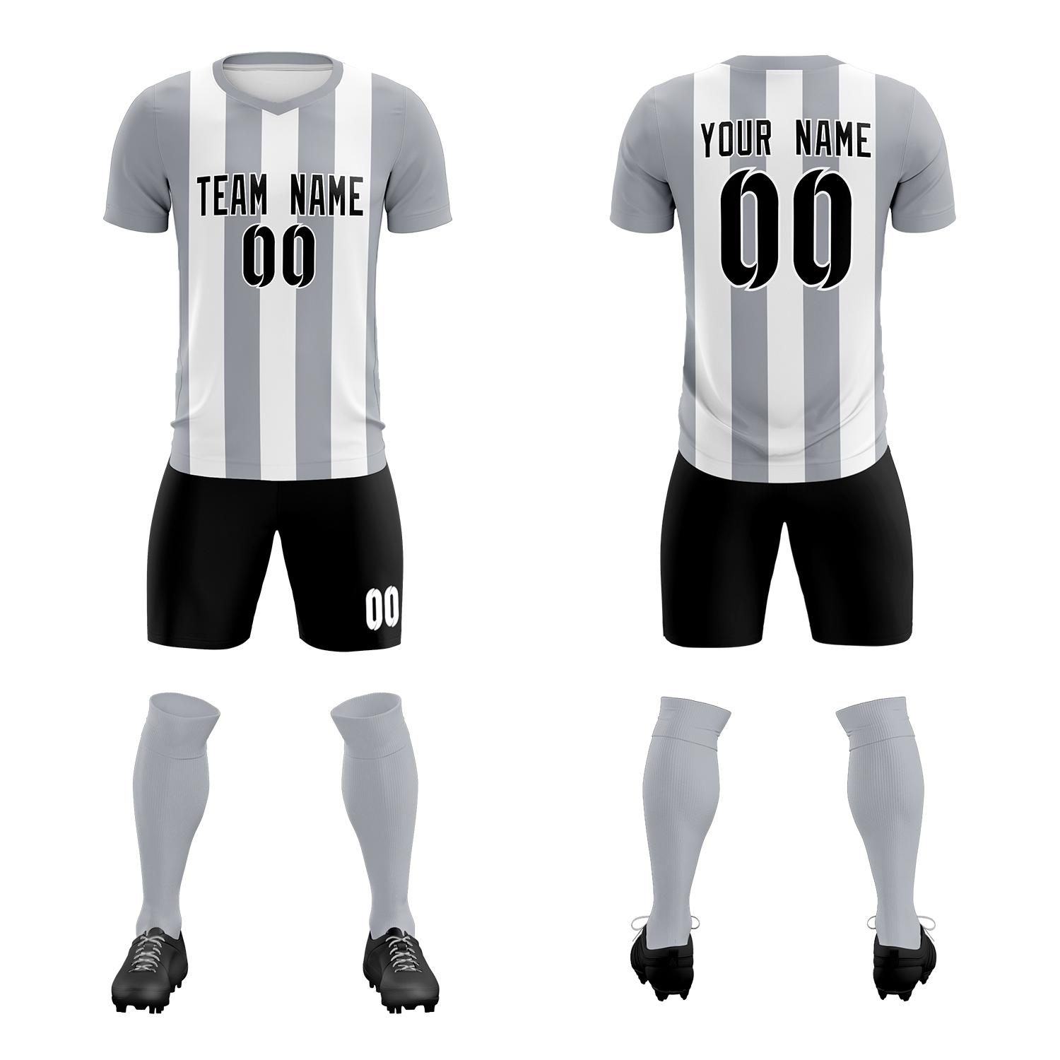 Custom White Gray Vertical Stripes Casual Outdoor Soccer Sets Jersey