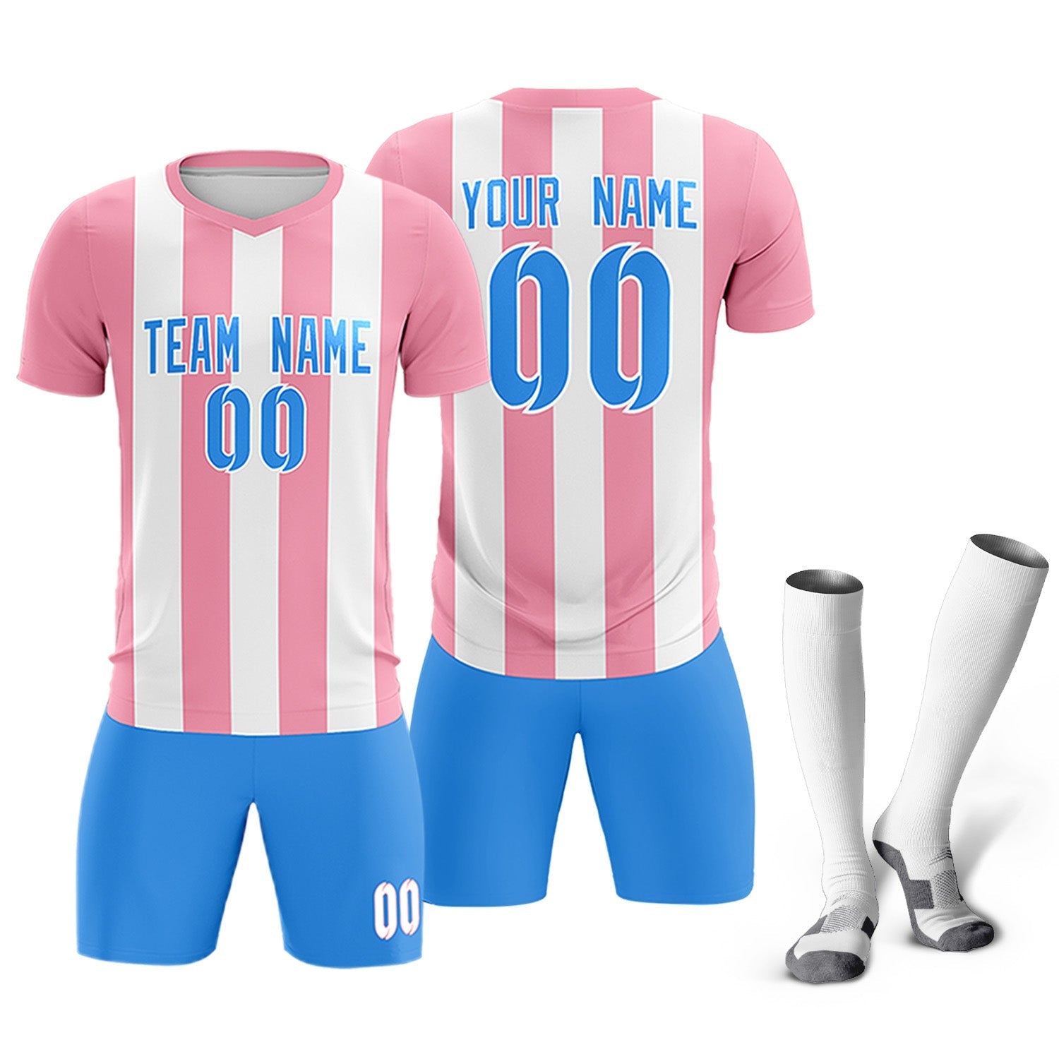 Custom White Light Pink Vertical Stripes Casual Outdoor Soccer Sets Jersey