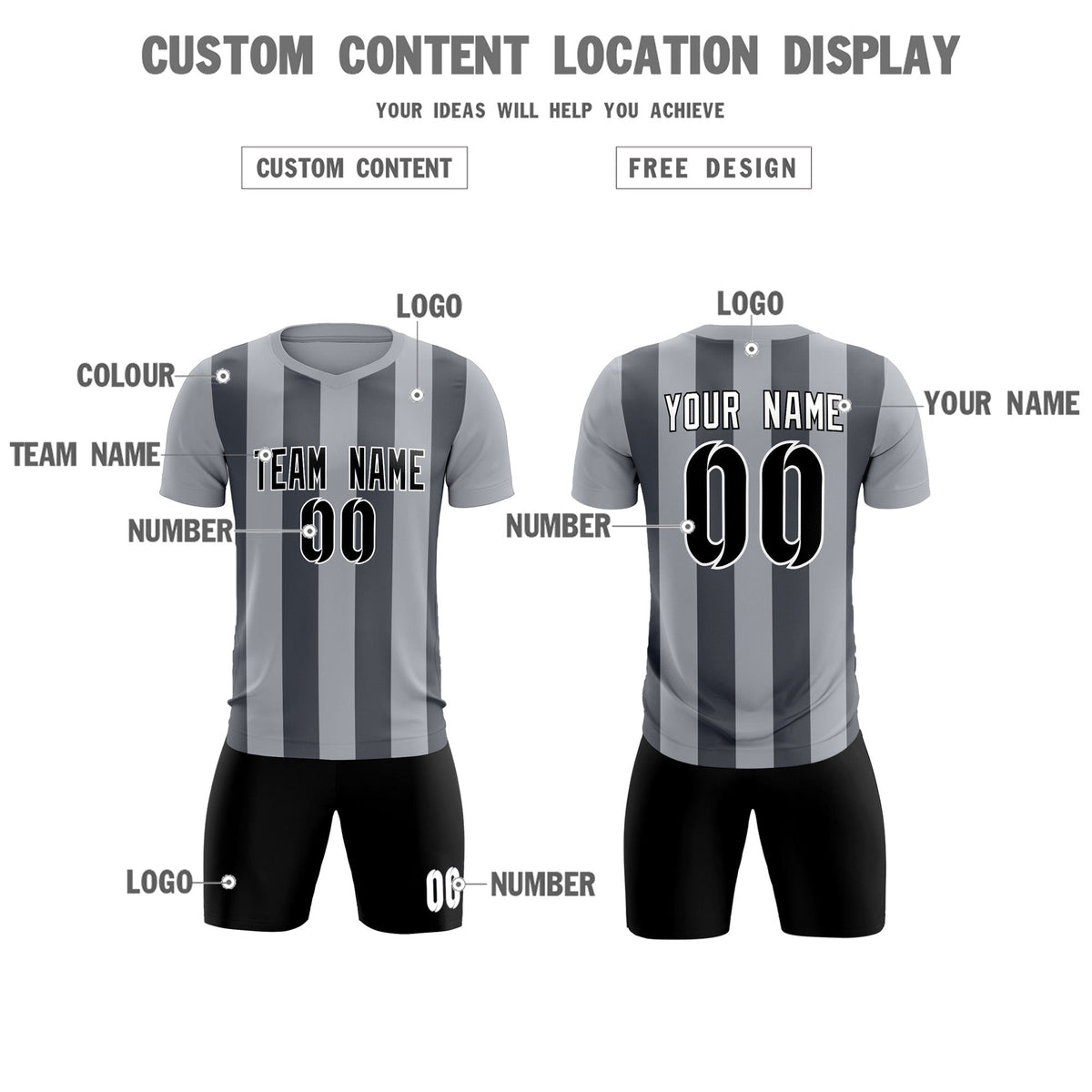 Custom Gray Dark Gray Vertical Stripes Casual Outdoor Soccer Sets Jersey