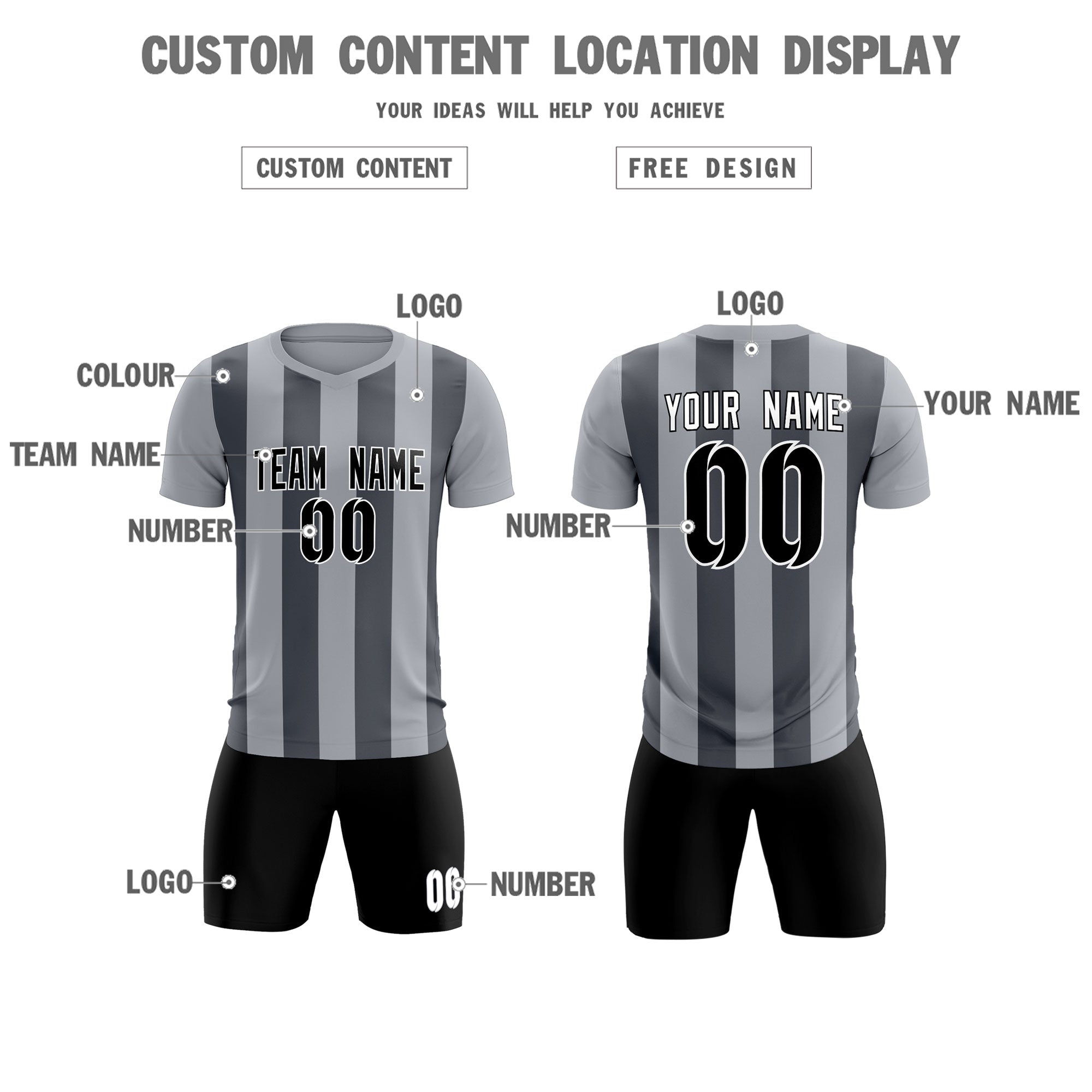 Custom Gray Dark Gray Vertical Stripes Casual Outdoor Soccer Sets Jersey