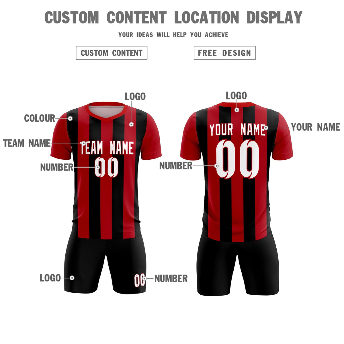 Custom Red Black Vertical Stripes Casual Outdoor Soccer Sets Jersey