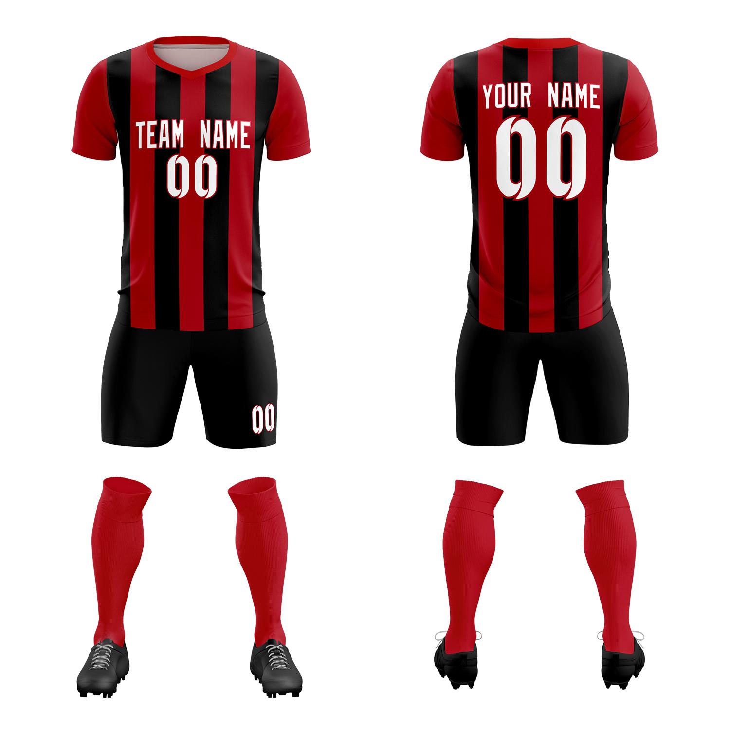 Custom Red Black Vertical Stripes Casual Outdoor Soccer Sets Jersey