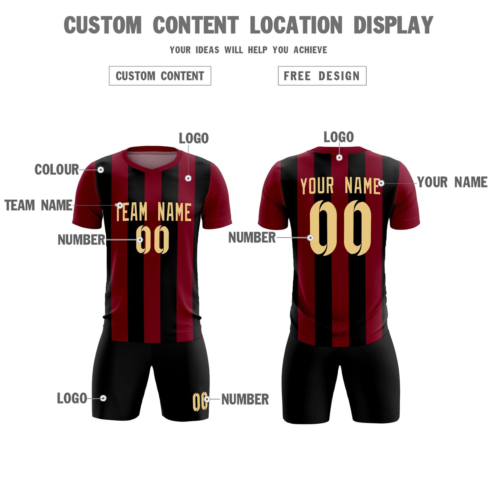 Custom Crimson Black Vertical Stripes Casual Outdoor Soccer Sets Jersey