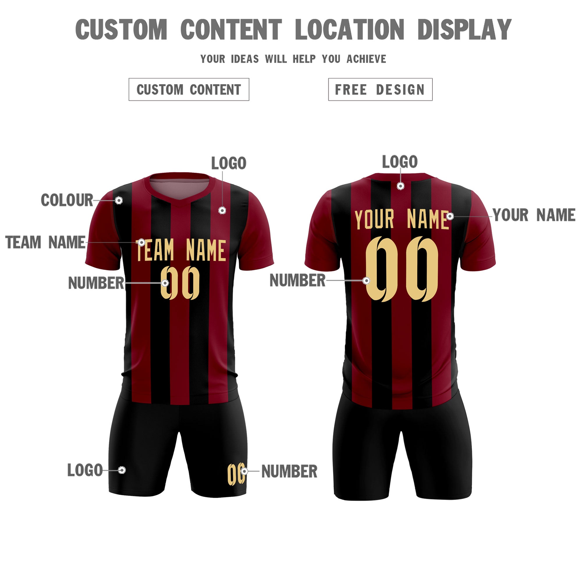 Custom Crimson Black Vertical Stripes Casual Outdoor Soccer Sets Jersey