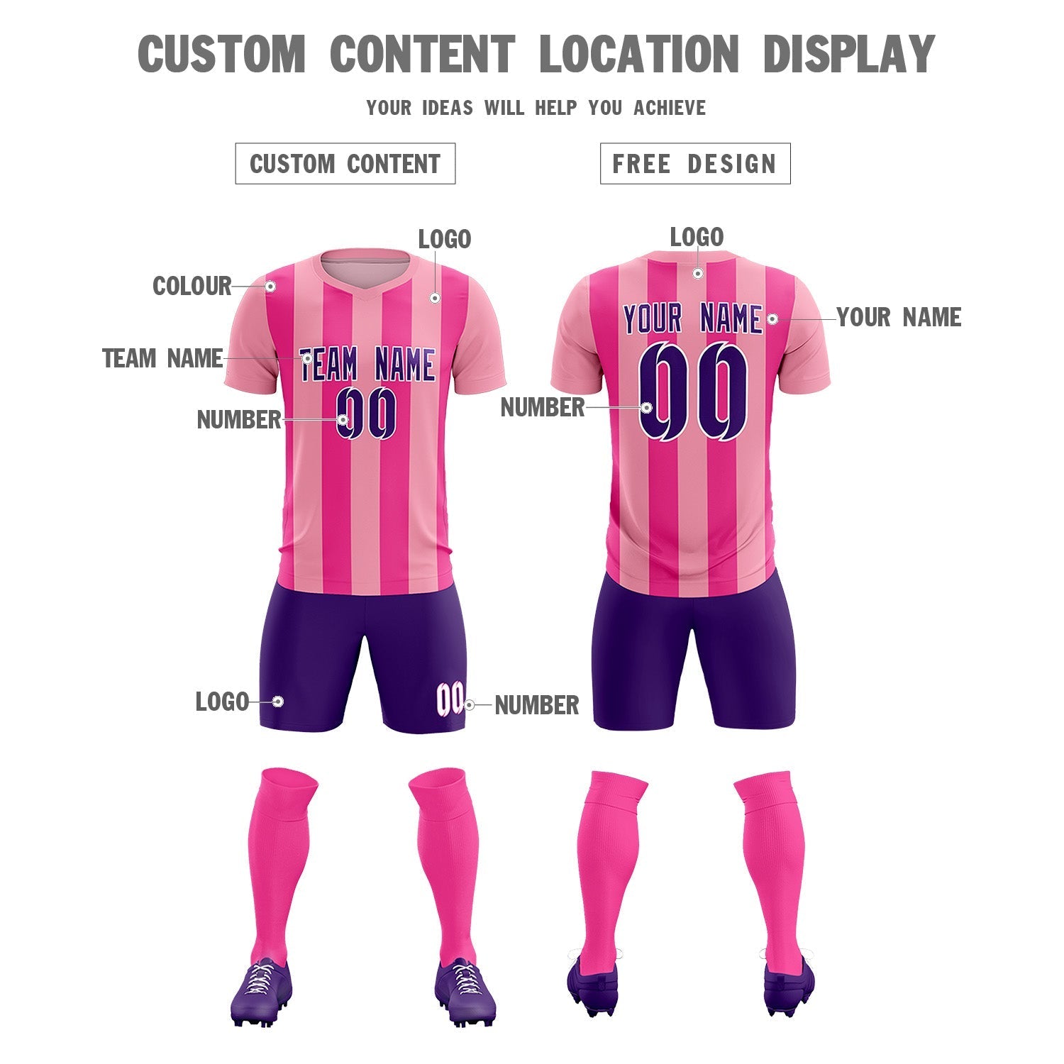 Custom Light Pink Pink Vertical Stripes Casual Outdoor Soccer Sets Jersey