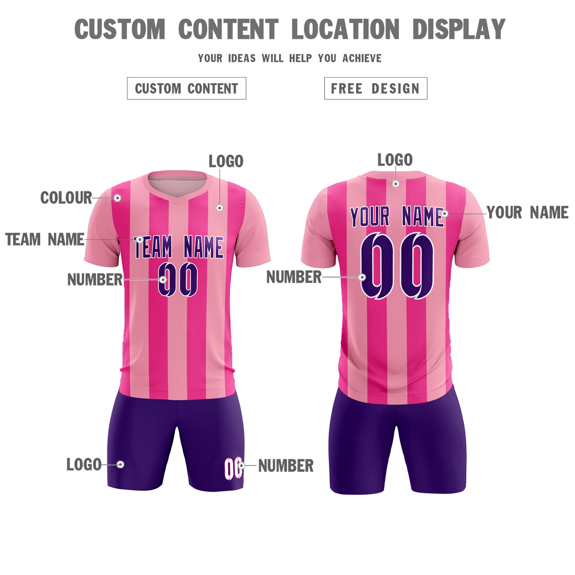 Custom Light Pink Pink Vertical Stripes Casual Outdoor Soccer Sets Jersey