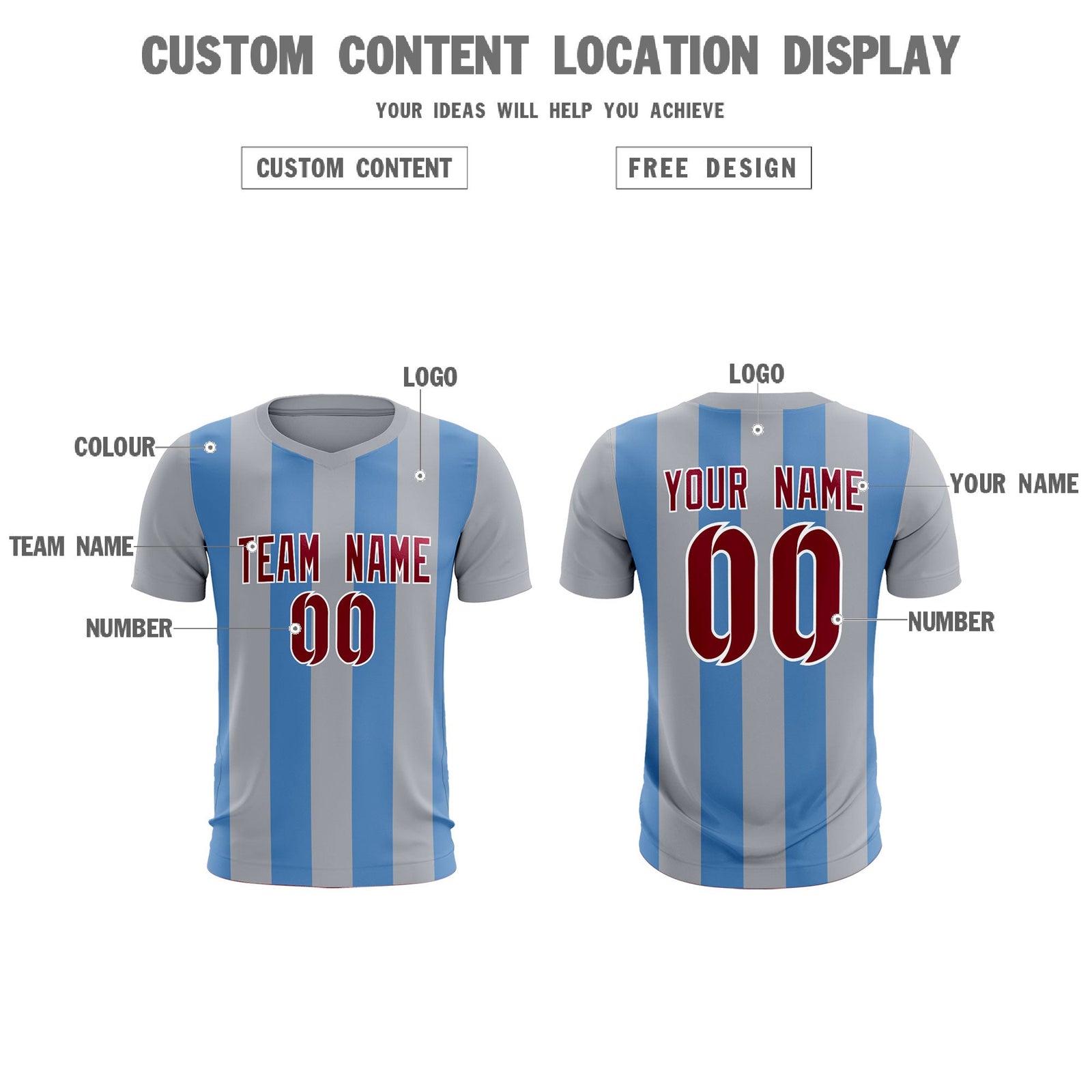 Custom Gray Light Blue Vertical Stripes Casual Outdoor Soccer Sets Jersey