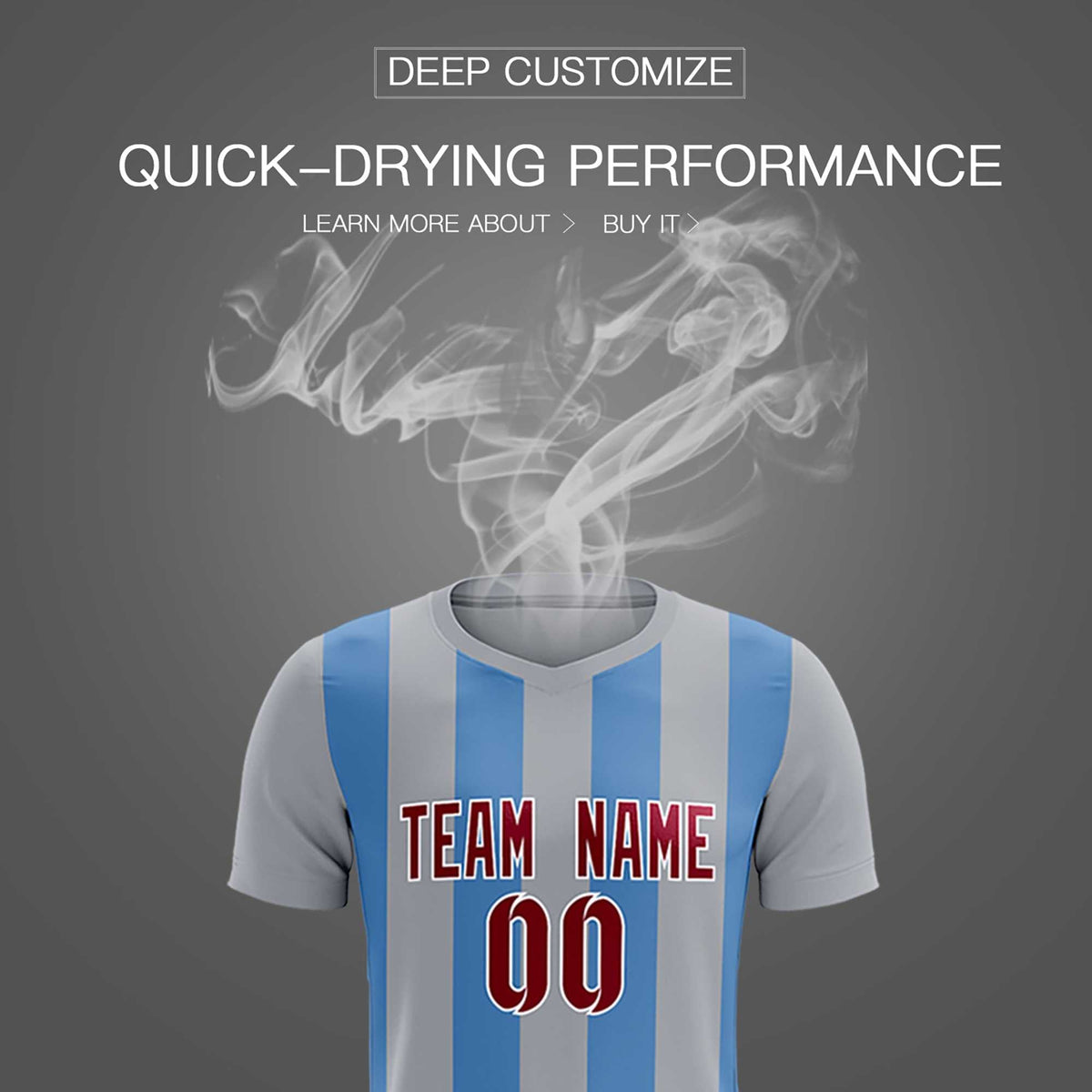 Custom Gray Light Blue Vertical Stripes Casual Outdoor Soccer Sets Jersey