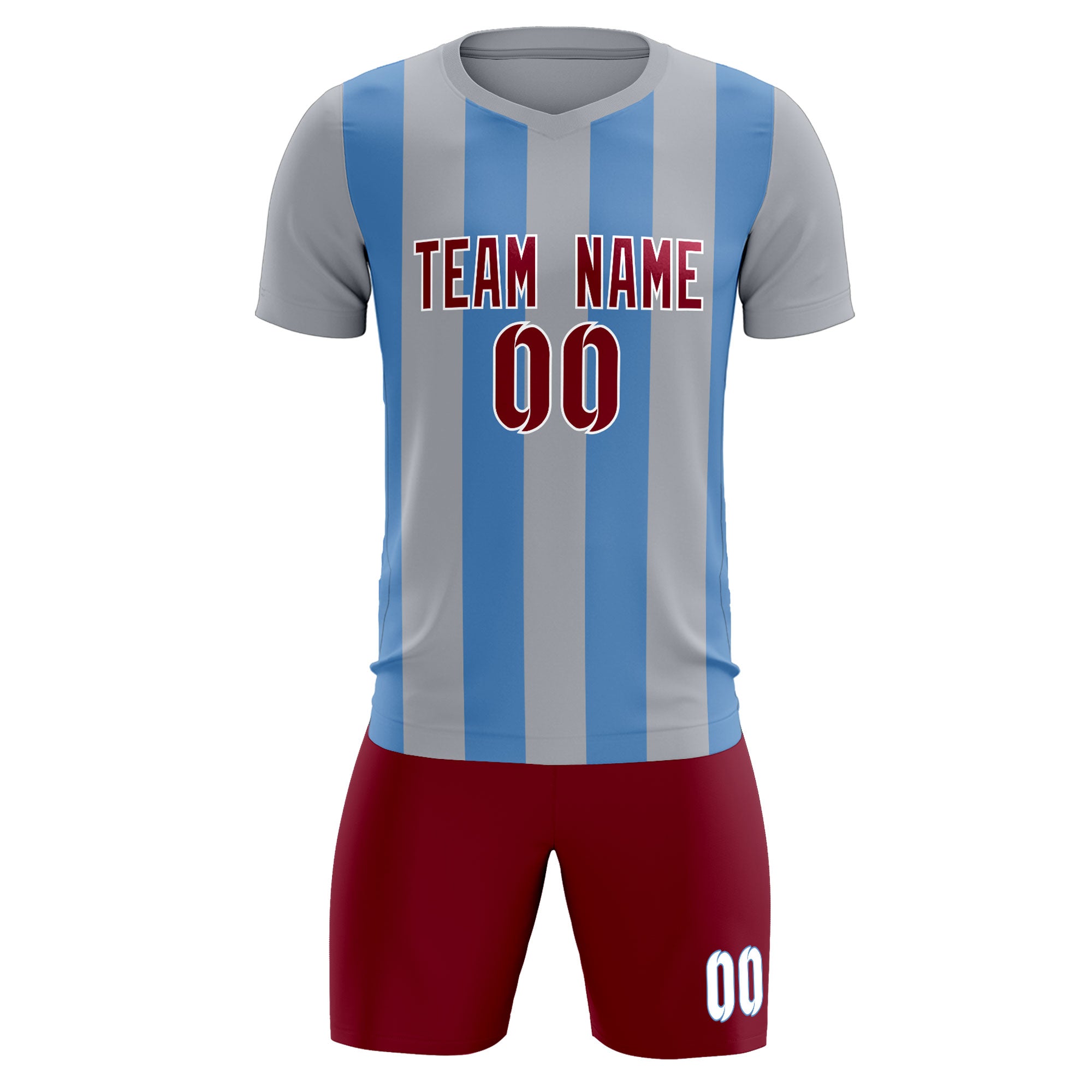 Custom Gray Light Blue Vertical Stripes Casual Outdoor Soccer Sets Jersey