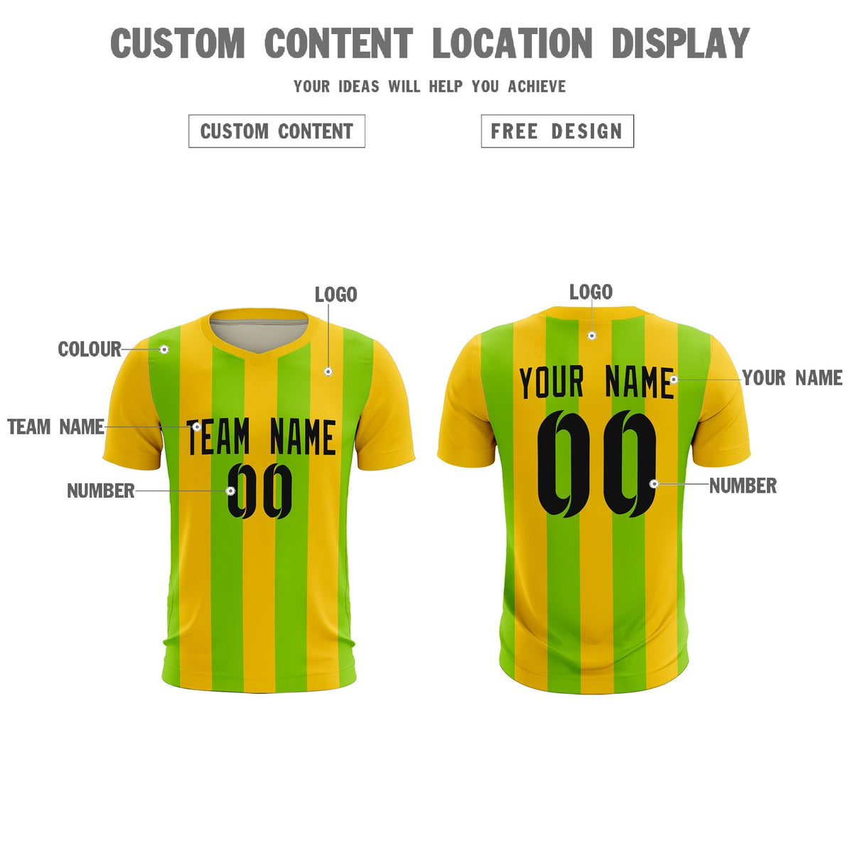 Custom Gold Neon Green Vertical Stripes Casual Outdoor Soccer Sets Jersey