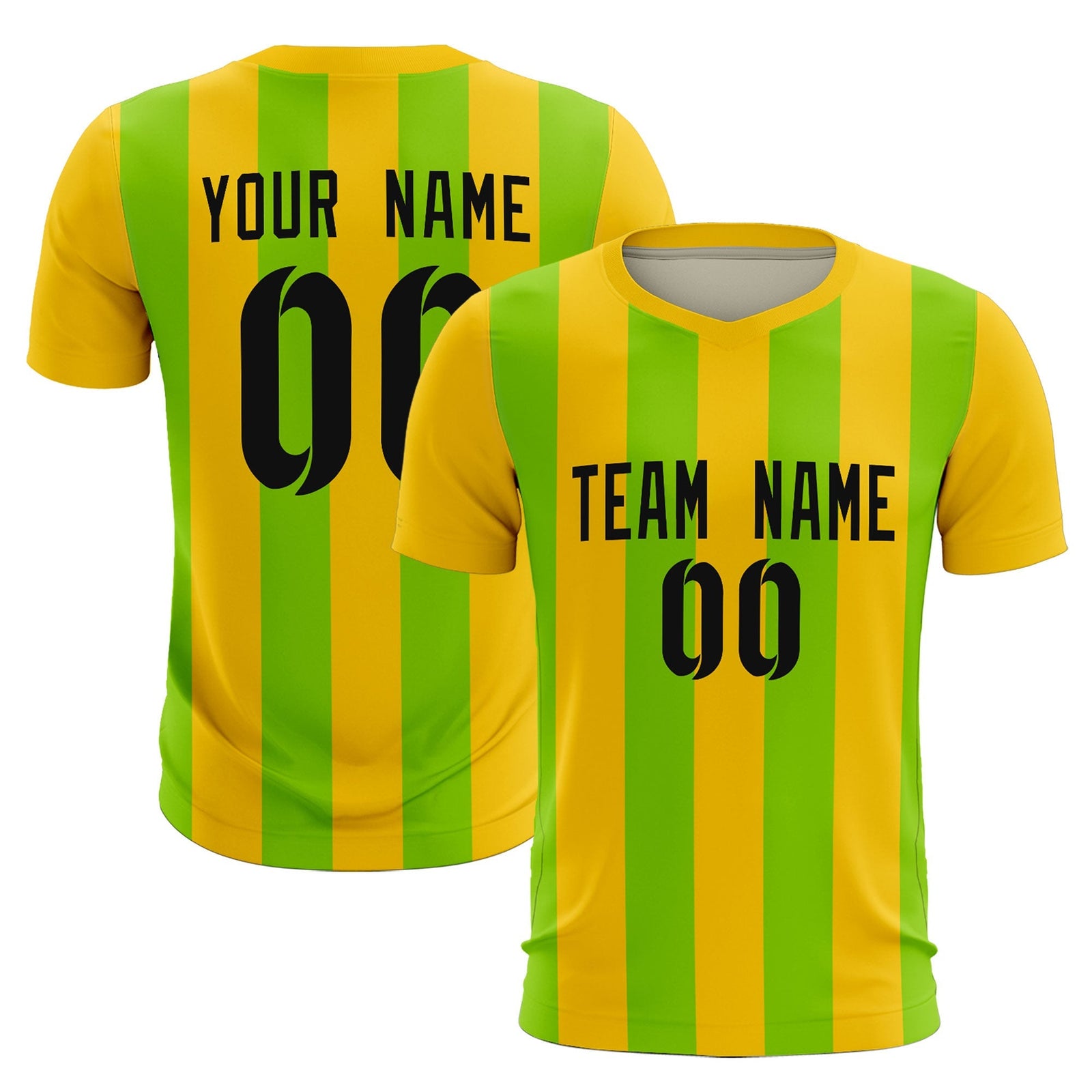 Custom Gold Neon Green Vertical Stripes Casual Outdoor Soccer Sets Jersey