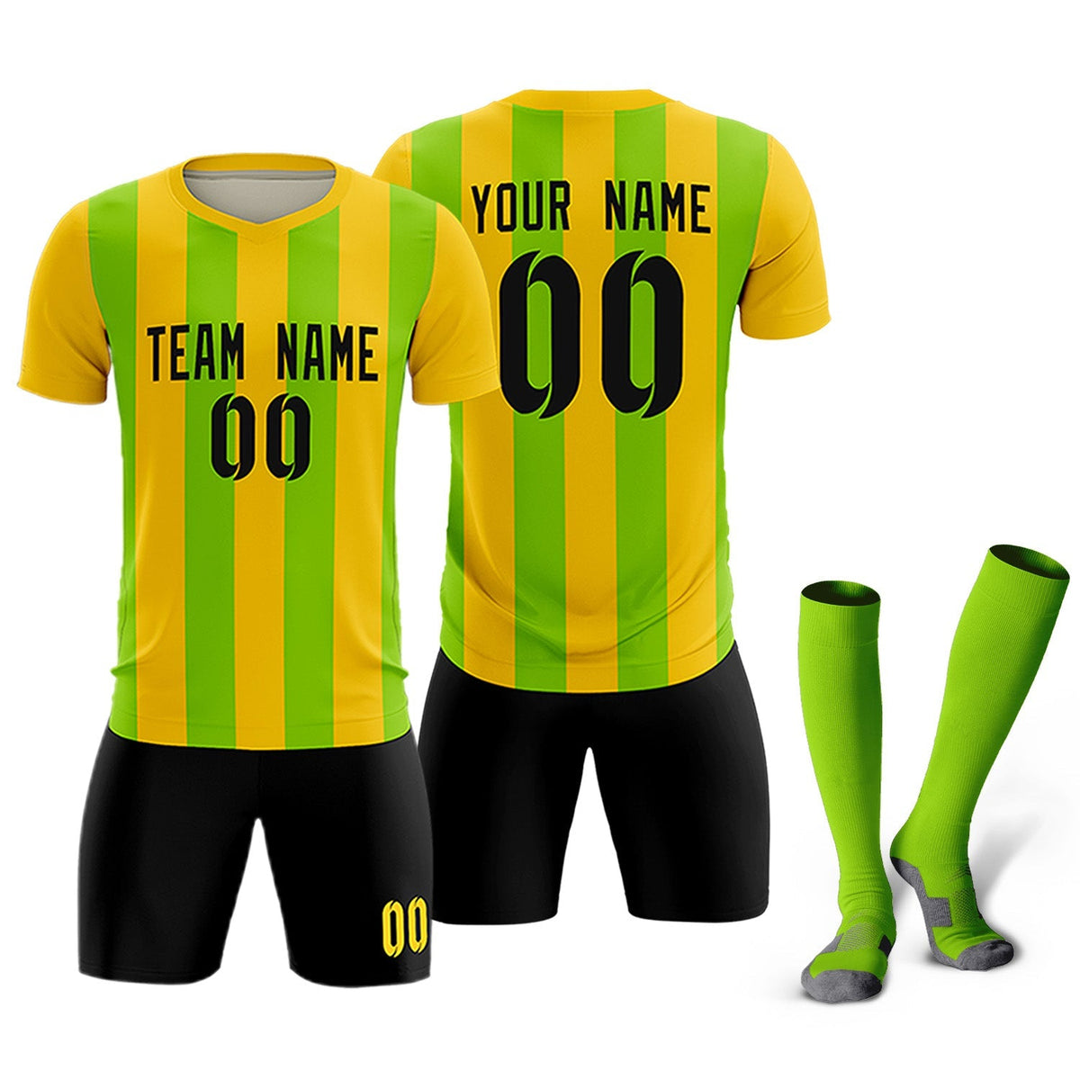 Custom Gold Neon Green Vertical Stripes Casual Outdoor Soccer Sets Jersey