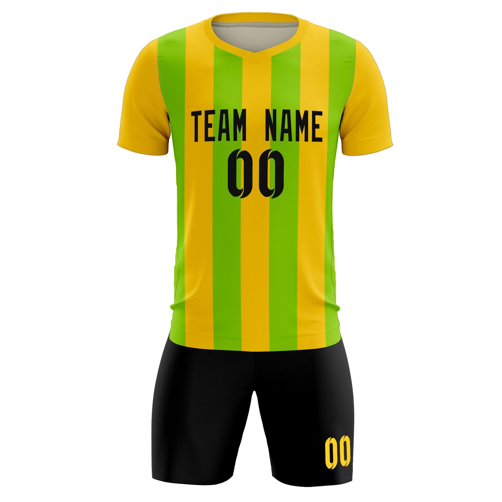 Custom Gold Neon Green Vertical Stripes Casual Outdoor Soccer Sets Jersey