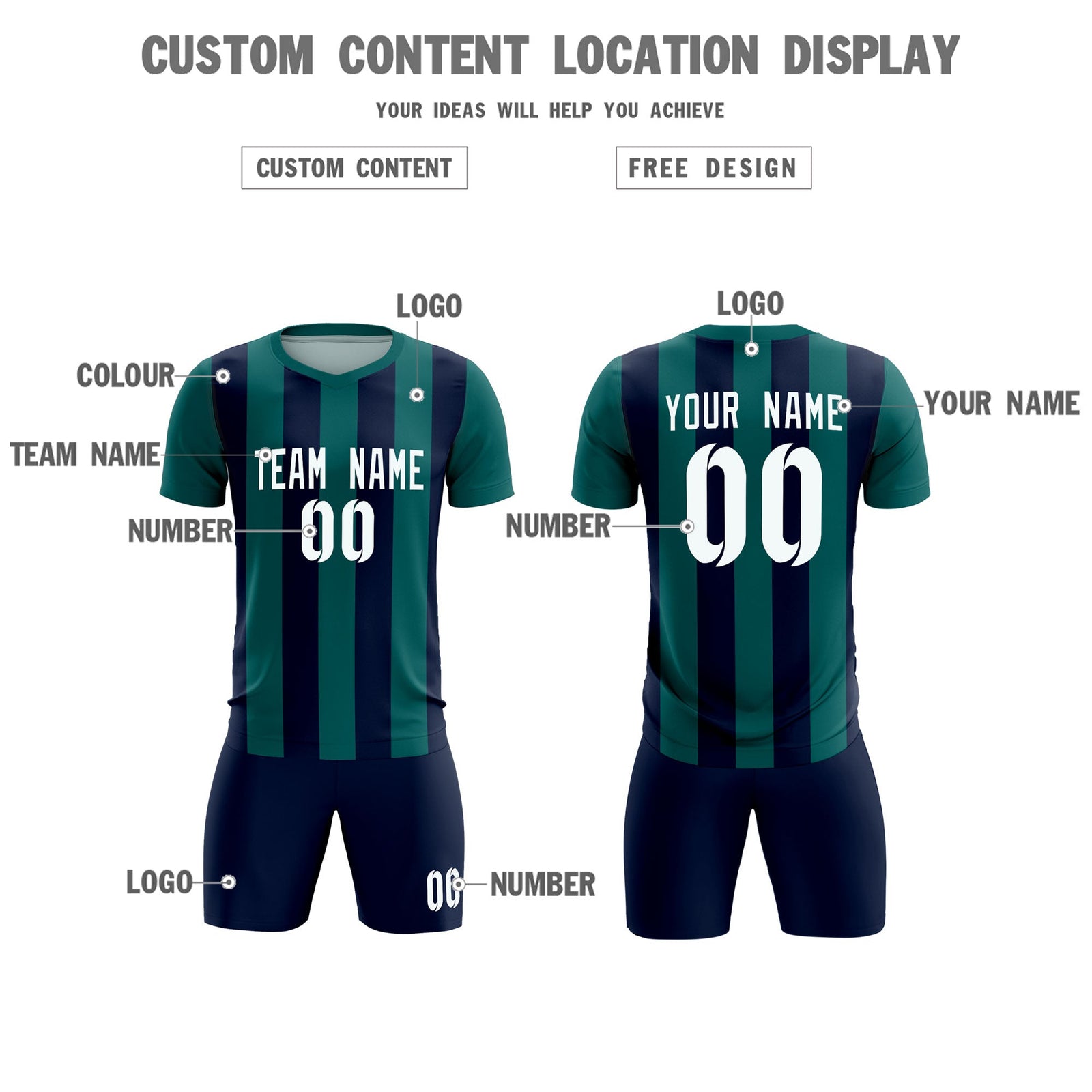 Custom Aqua Navy Vertical Stripes Casual Outdoor Soccer Sets Jersey