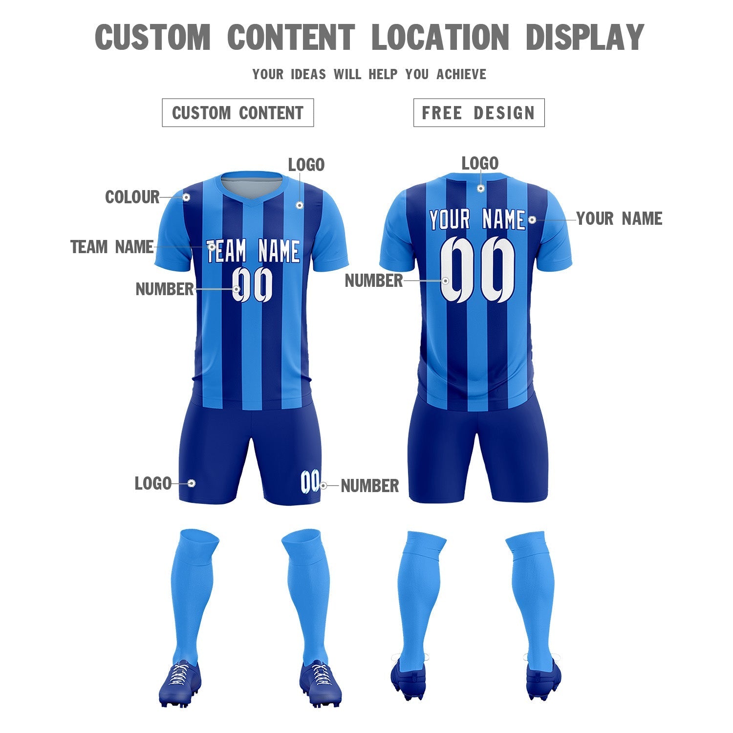 Custom Powder Blue Royal Vertical Stripes Casual Outdoor Soccer Sets Jersey