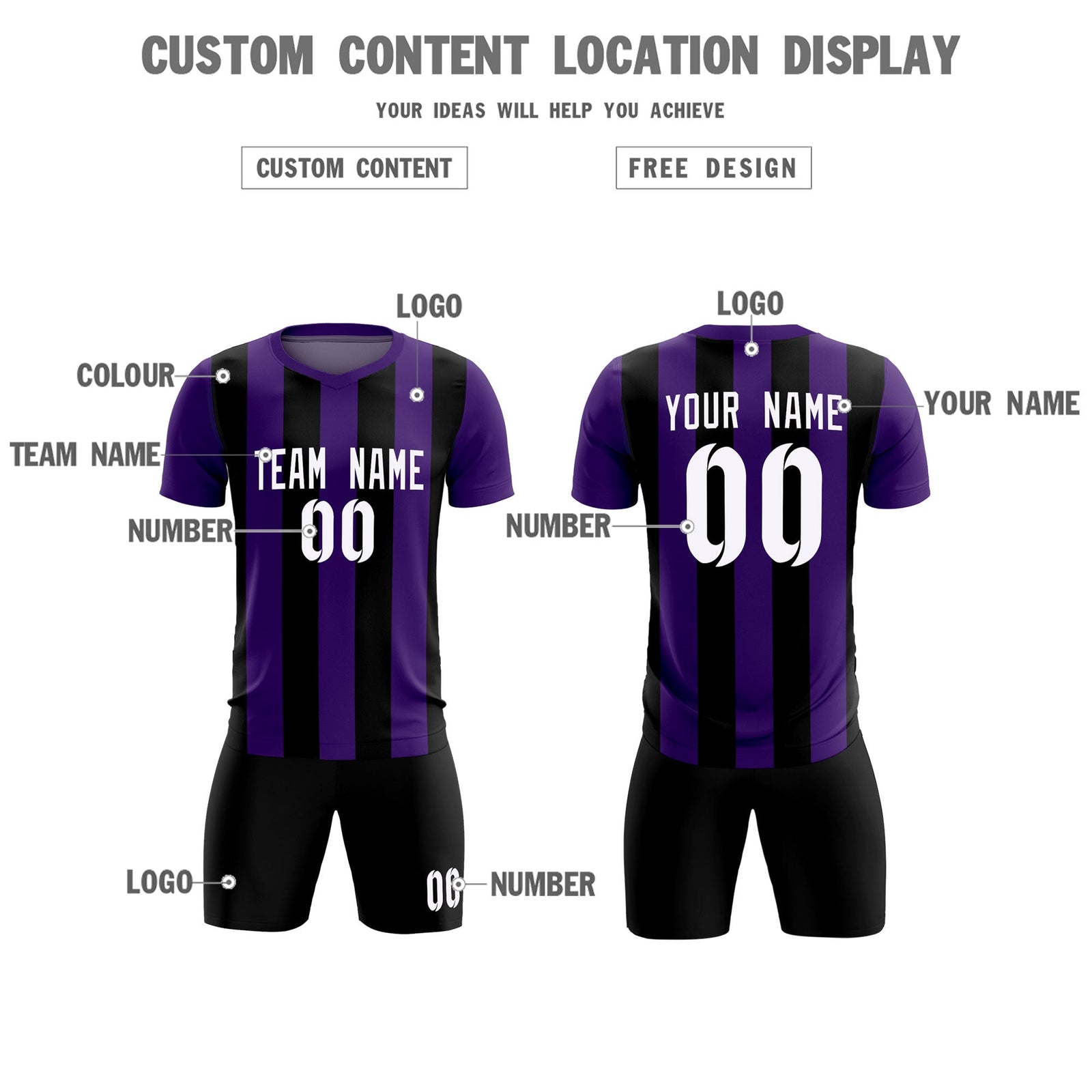 Custom Purple Black Vertical Stripes Casual Outdoor Soccer Sets Jersey