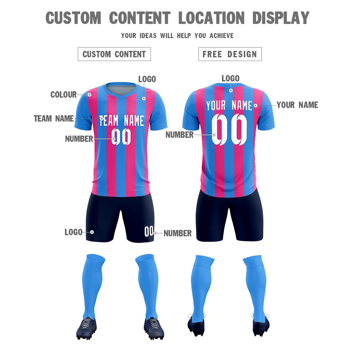 Custom Powder Blue Pink Vertical Stripes Casual Outdoor Soccer Sets Jersey