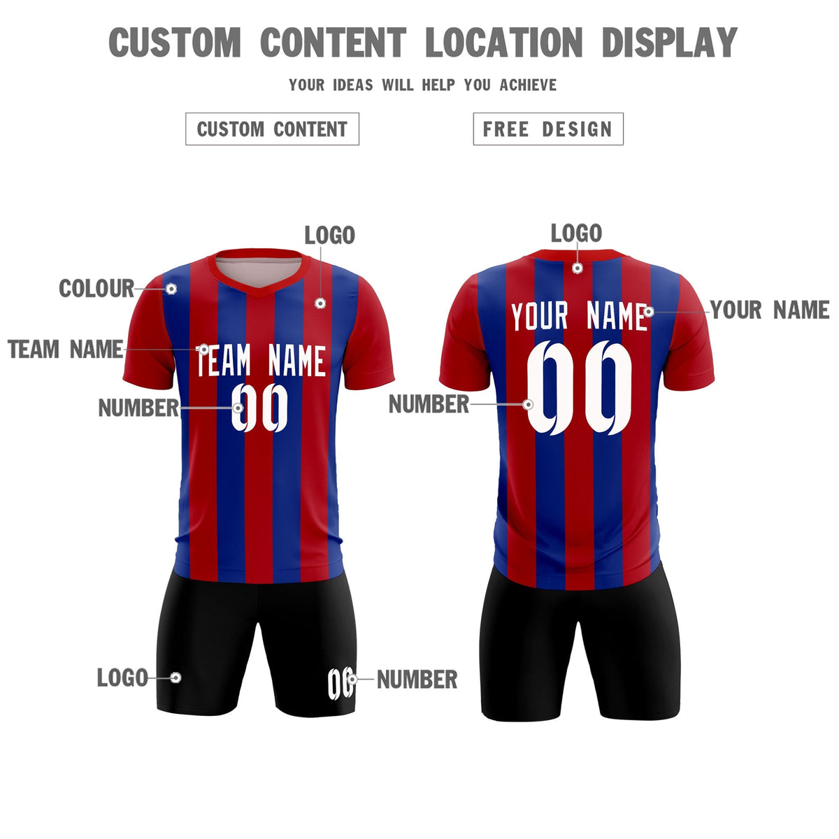 Custom Red Royal Vertical Stripes Casual Outdoor Soccer Sets Jersey