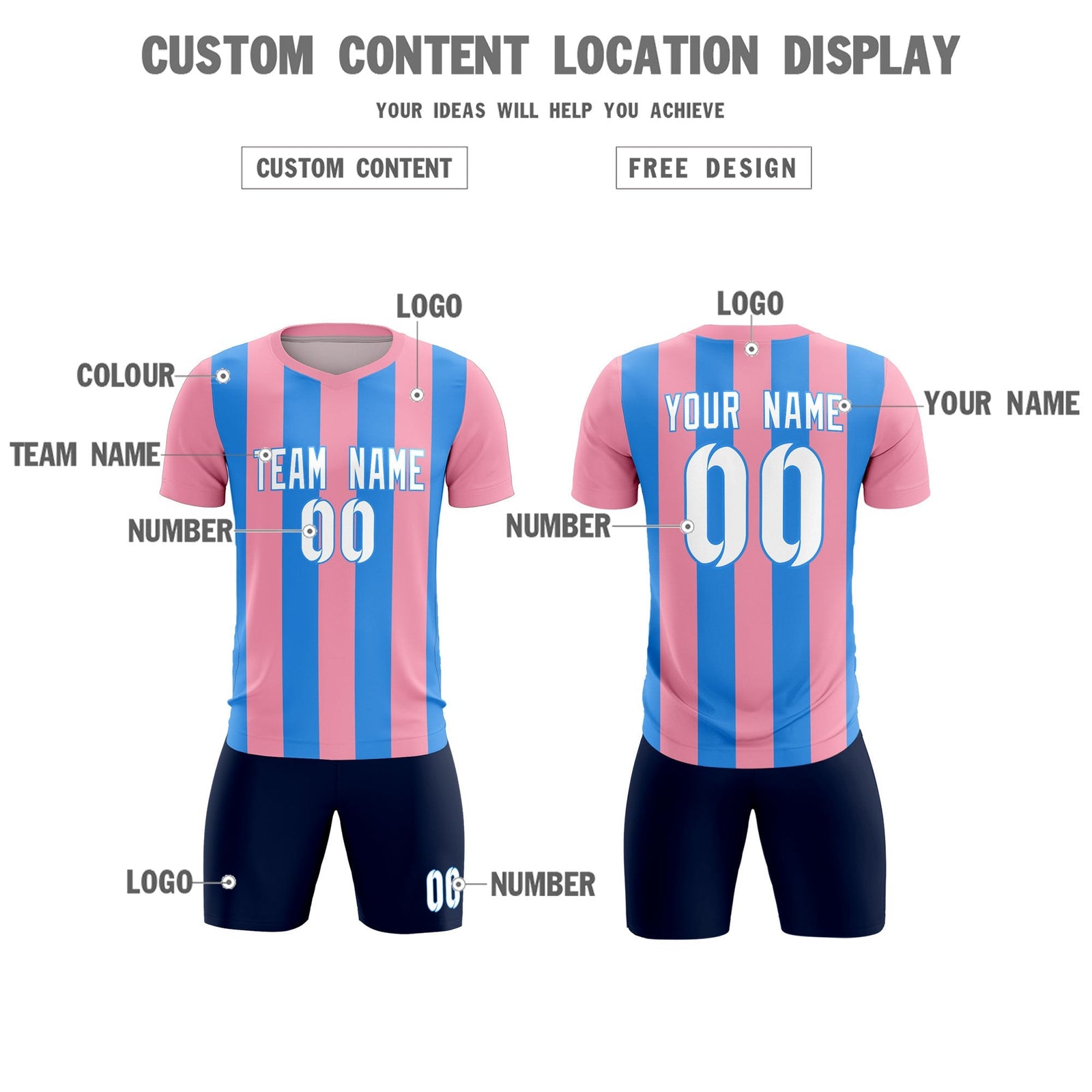 Custom Light Pink Powder Blue Vertical Stripes Casual Outdoor Soccer Sets Jersey