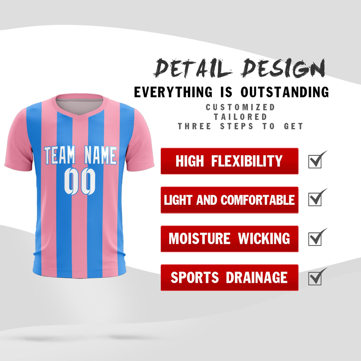 Custom Light Pink Powder Blue Vertical Stripes Casual Outdoor Soccer Sets Jersey