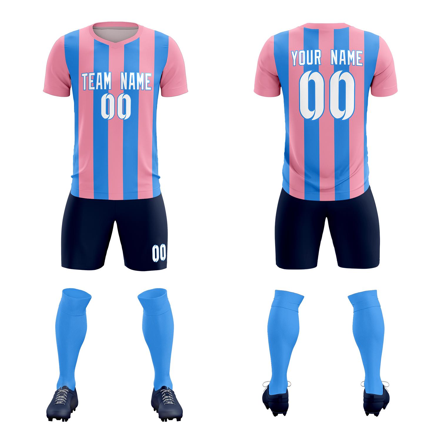 Custom Light Pink Powder Blue Vertical Stripes Casual Outdoor Soccer Sets Jersey