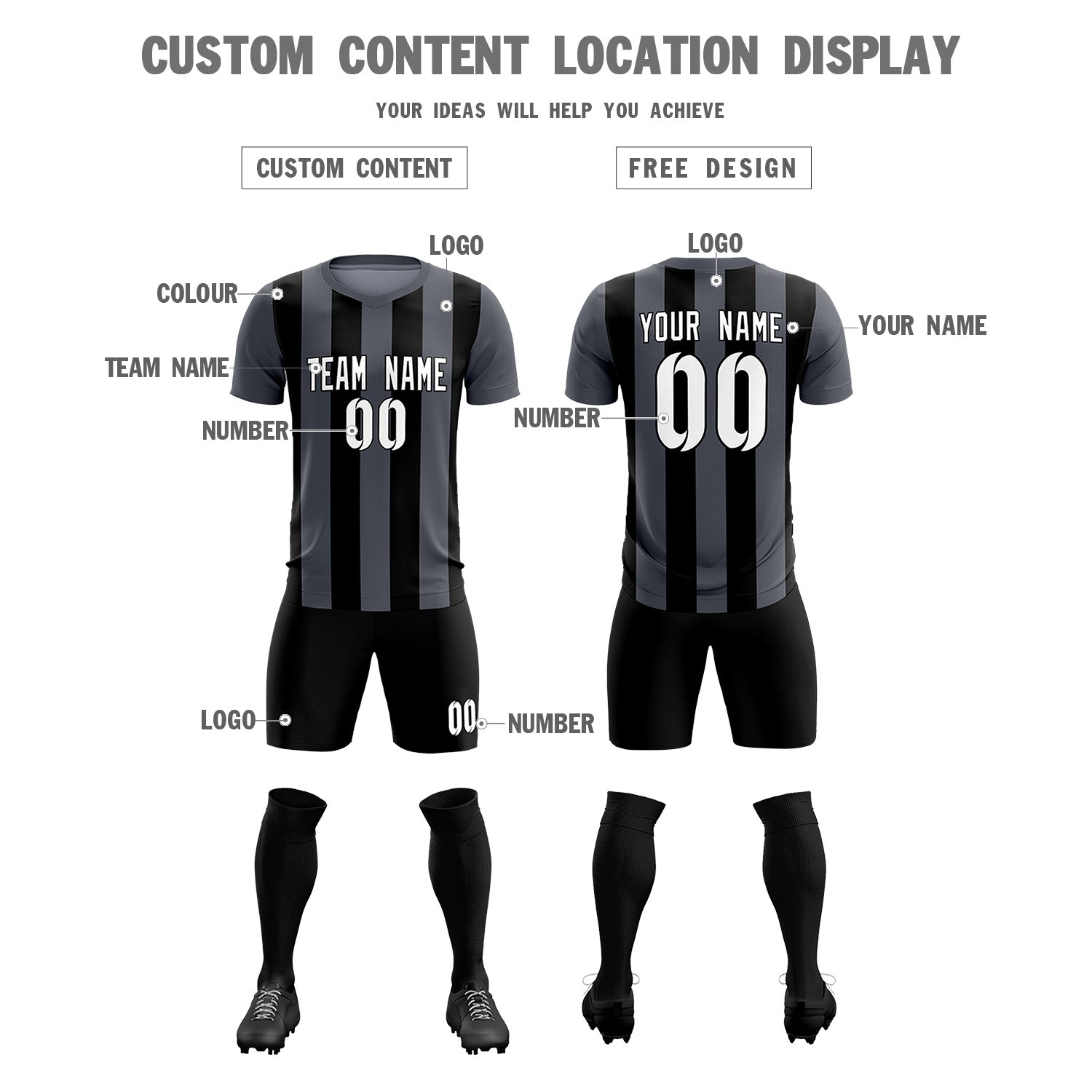 Custom Dark Gray Black Vertical Stripes Casual Outdoor Soccer Sets Jersey