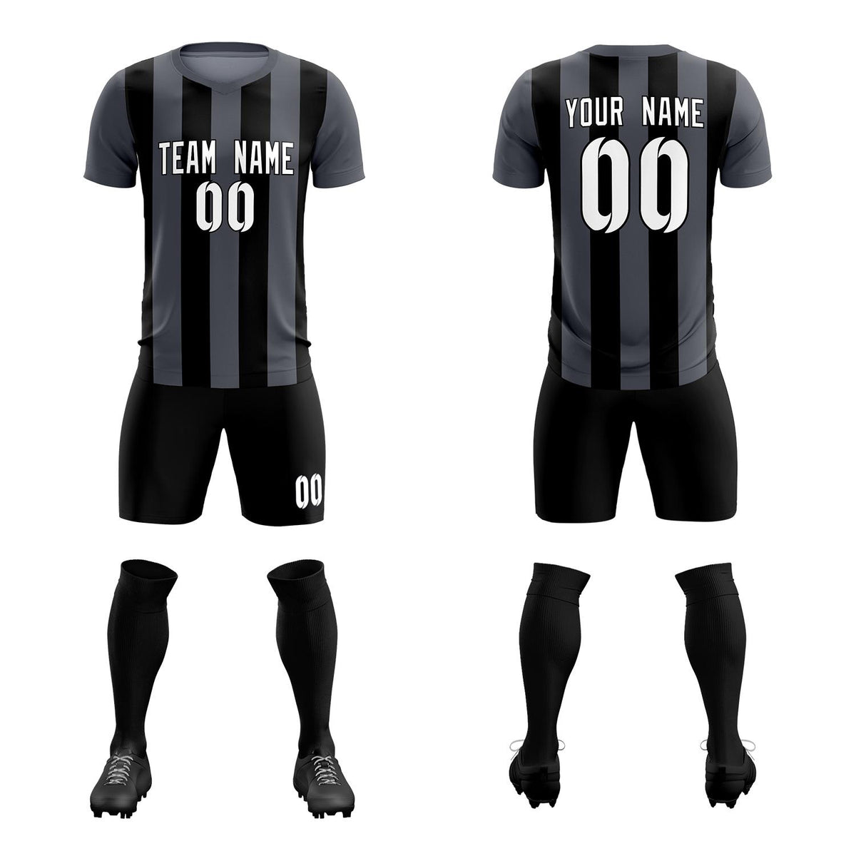 Custom Dark Gray Black Vertical Stripes Casual Outdoor Soccer Sets Jersey