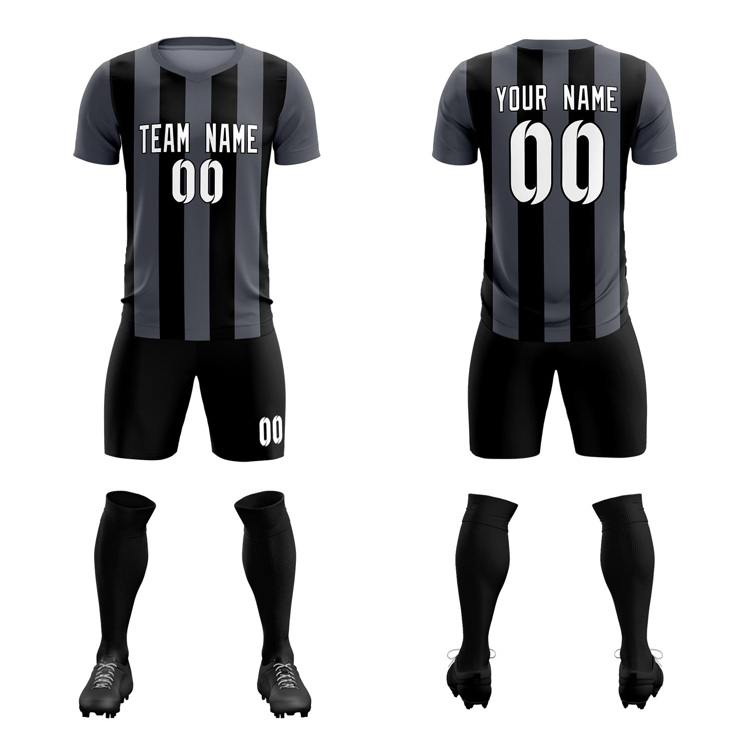 Custom Dark Gray Black Vertical Stripes Casual Outdoor Soccer Sets Jersey
