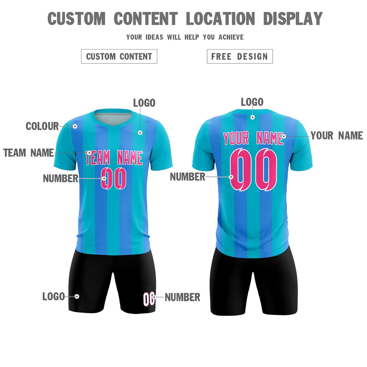 Custom Sky Blue Powder Blue Vertical Stripes Casual Outdoor Soccer Sets Jersey